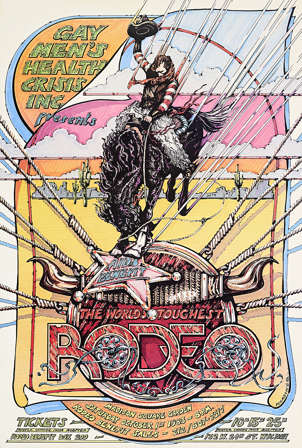 A colorful illustrated poster of a cowboy riding on a horse with a psychedelic background.