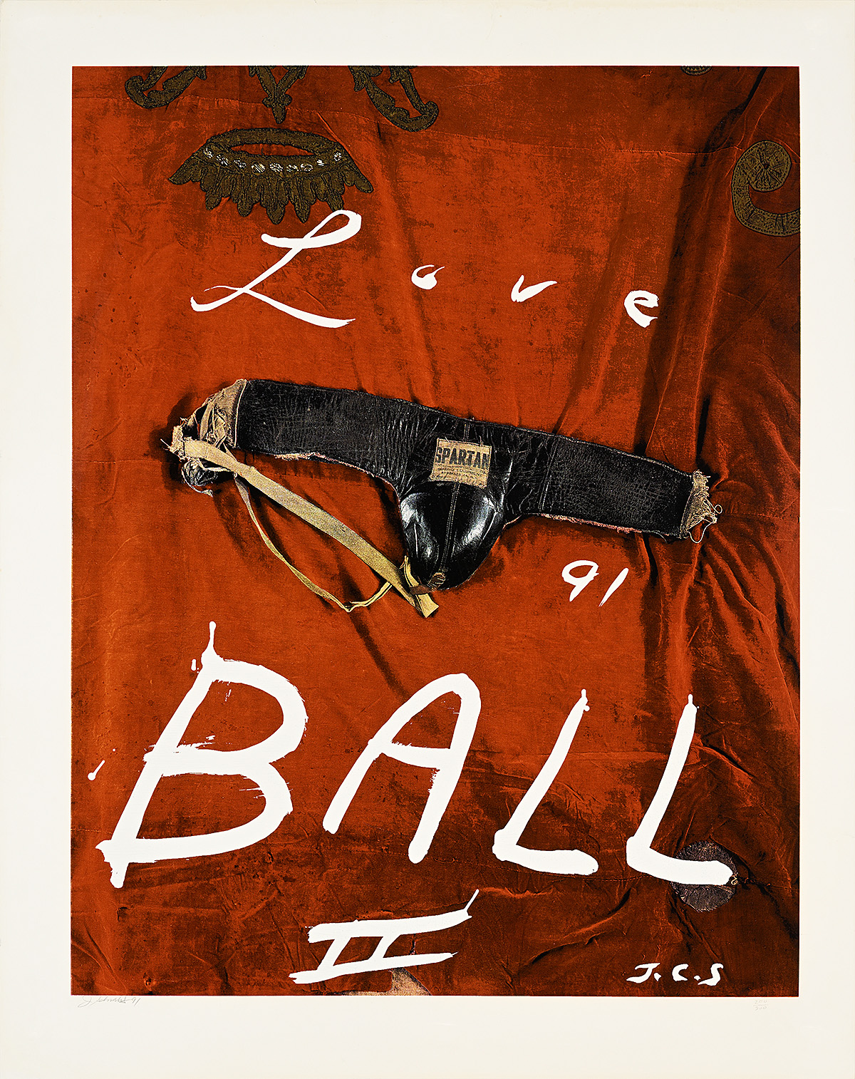 A poster of a leather jockstrap lying on red fabric with white lettering reading love ball.