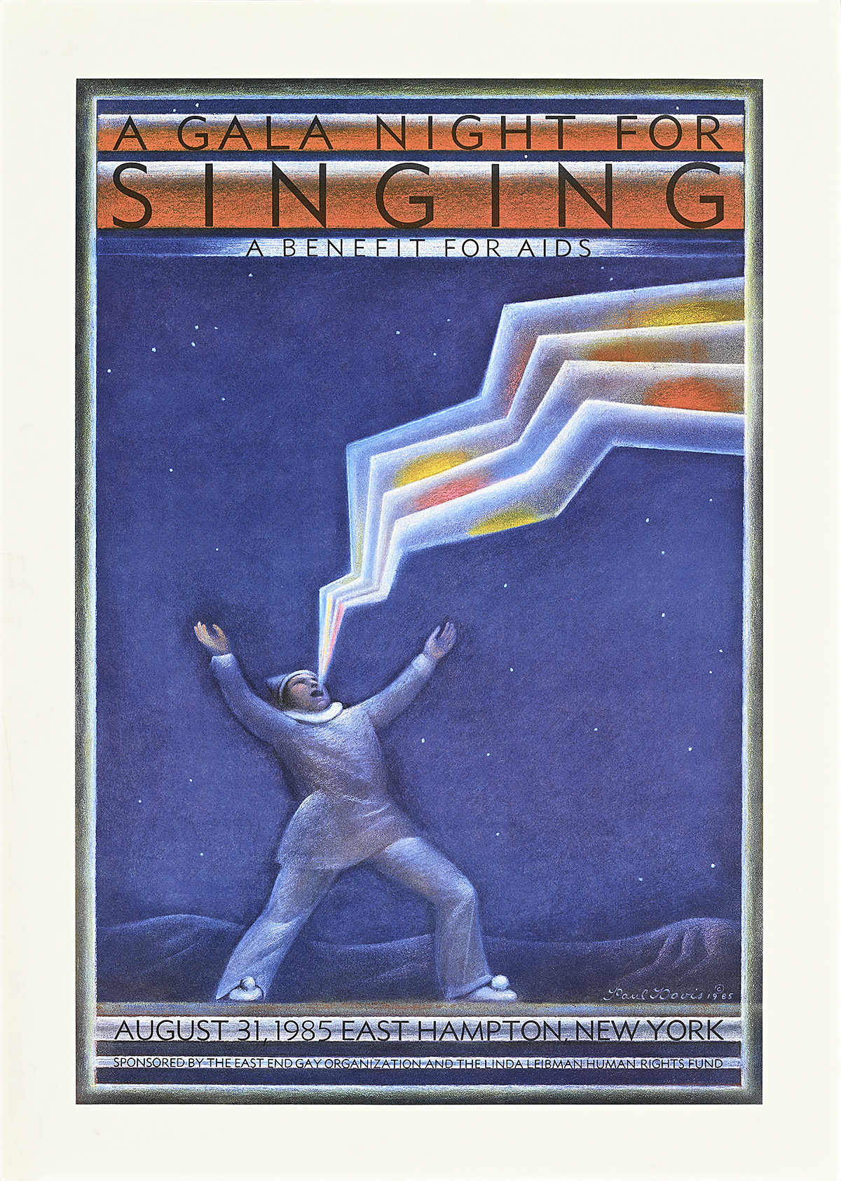 A poster of an illustrated man singing on a blue background.