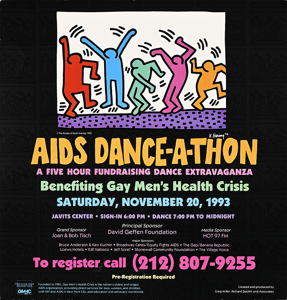 A poster with five multicolor figures dancing expressively surrounded by a black border.