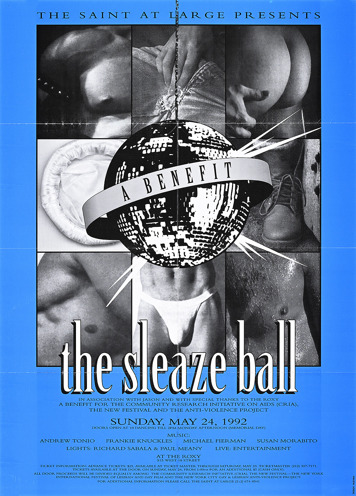 A poster of a collage of close up images of nude men's bodies arranged in a grid behind a disco ball with a blue border.