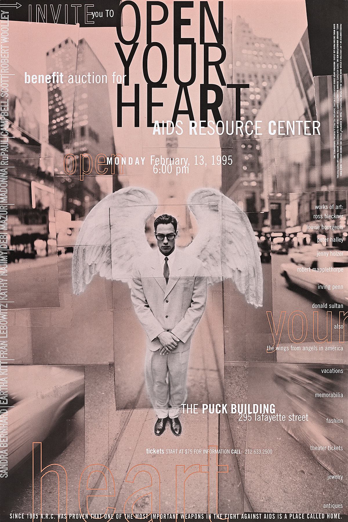 A poster of a man in a suit with wings on a pink city background.