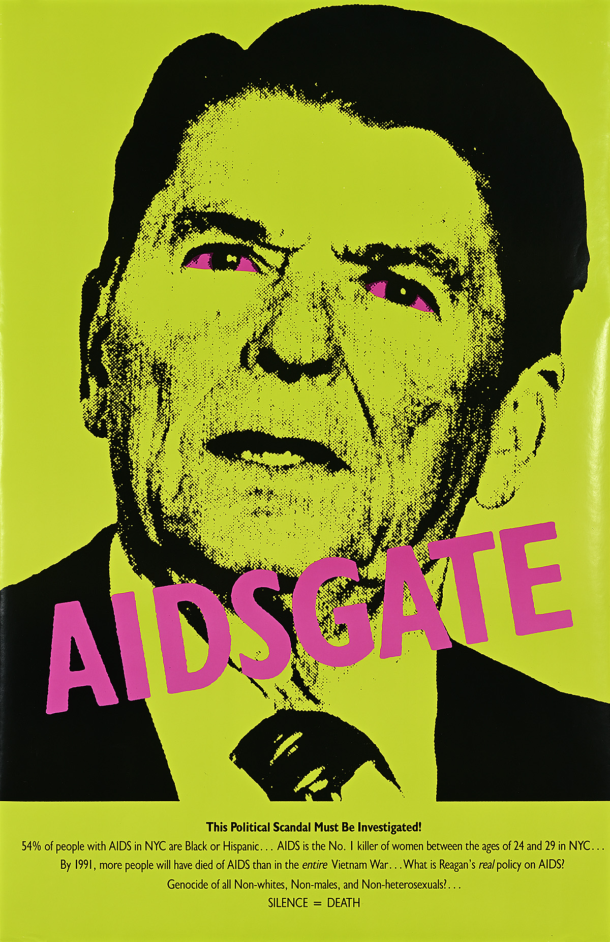 A poster of a white man's face printed on a green background with pink text overlaid which reads Aidsgate.