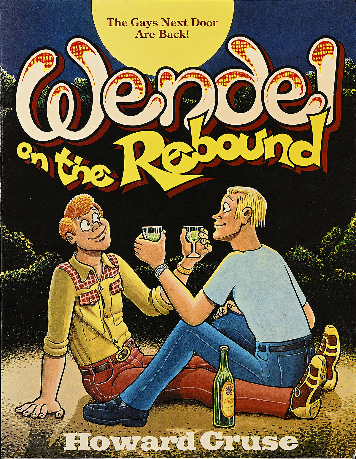 A book cover of two cartoon men sitting facing each other and holding up drinking glasses.