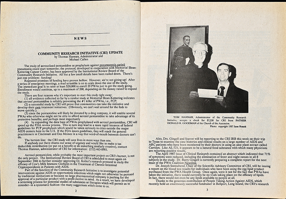 An open book showing a picture of two white men in suits with book text.