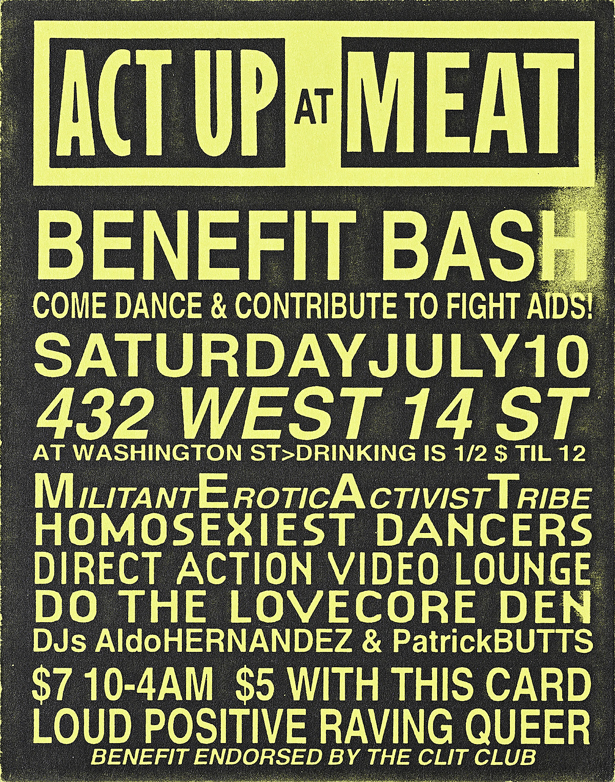 A flyer with neon yellow text on a black background.