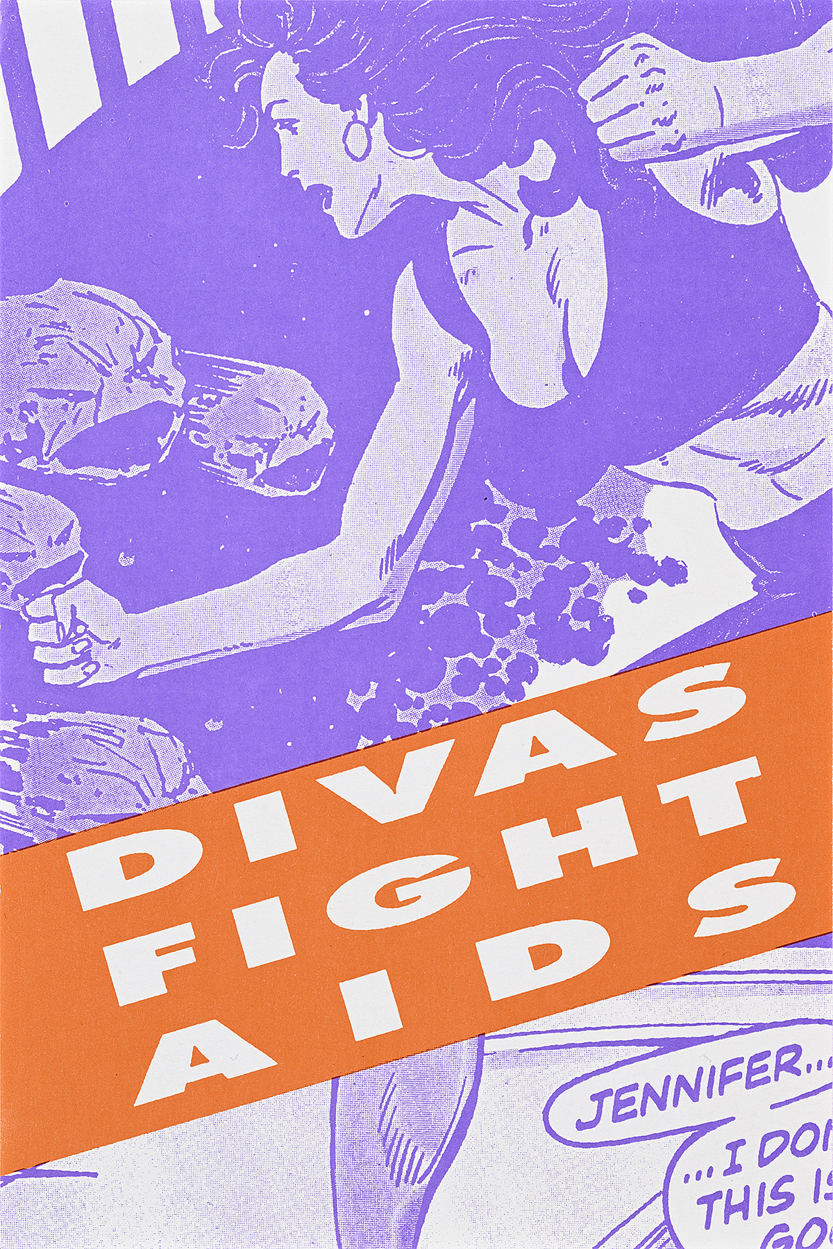 A flyer showing a purple cartoon muscular woman fighting angry cells with text below reading divas fight AIDS.
