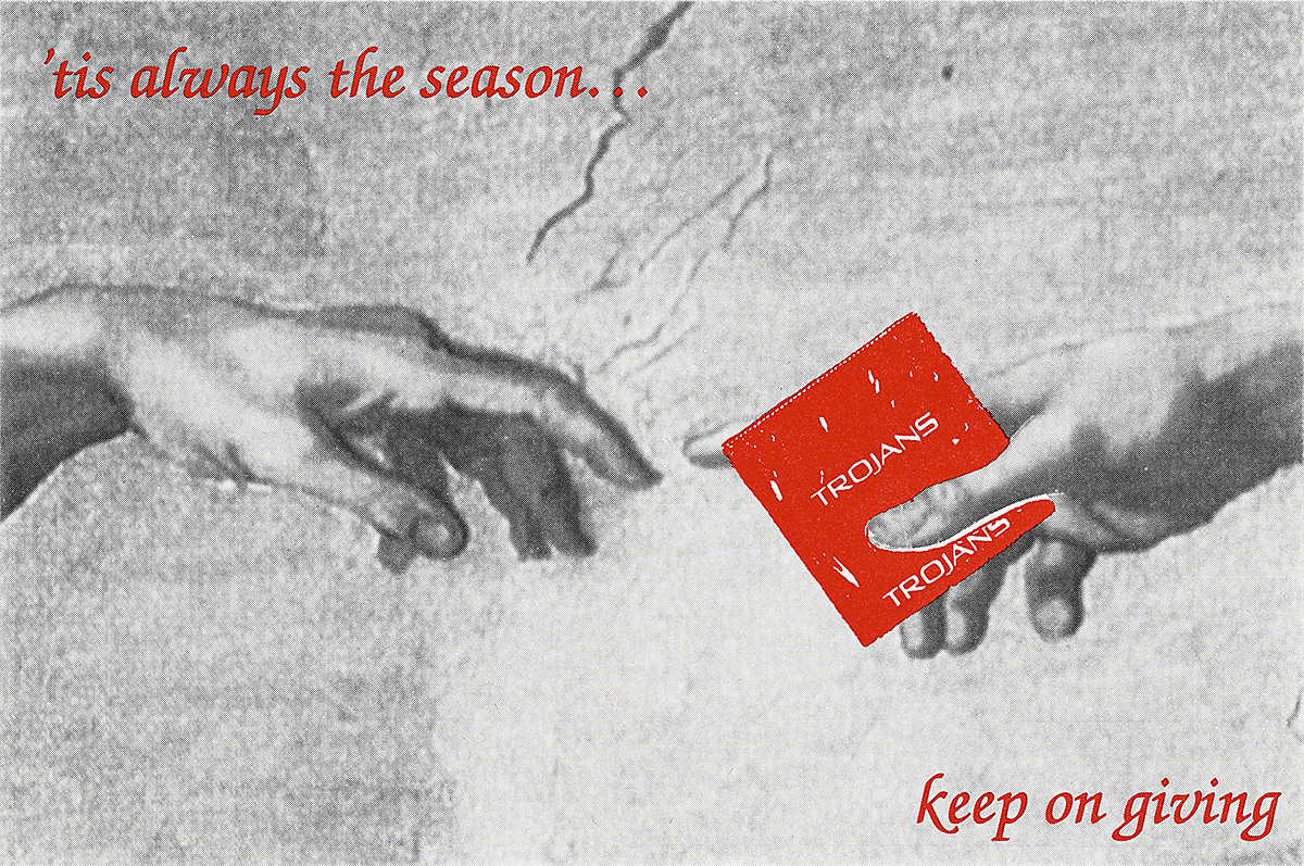 A flyer showing a painted hand handing over a red condom to another hand.