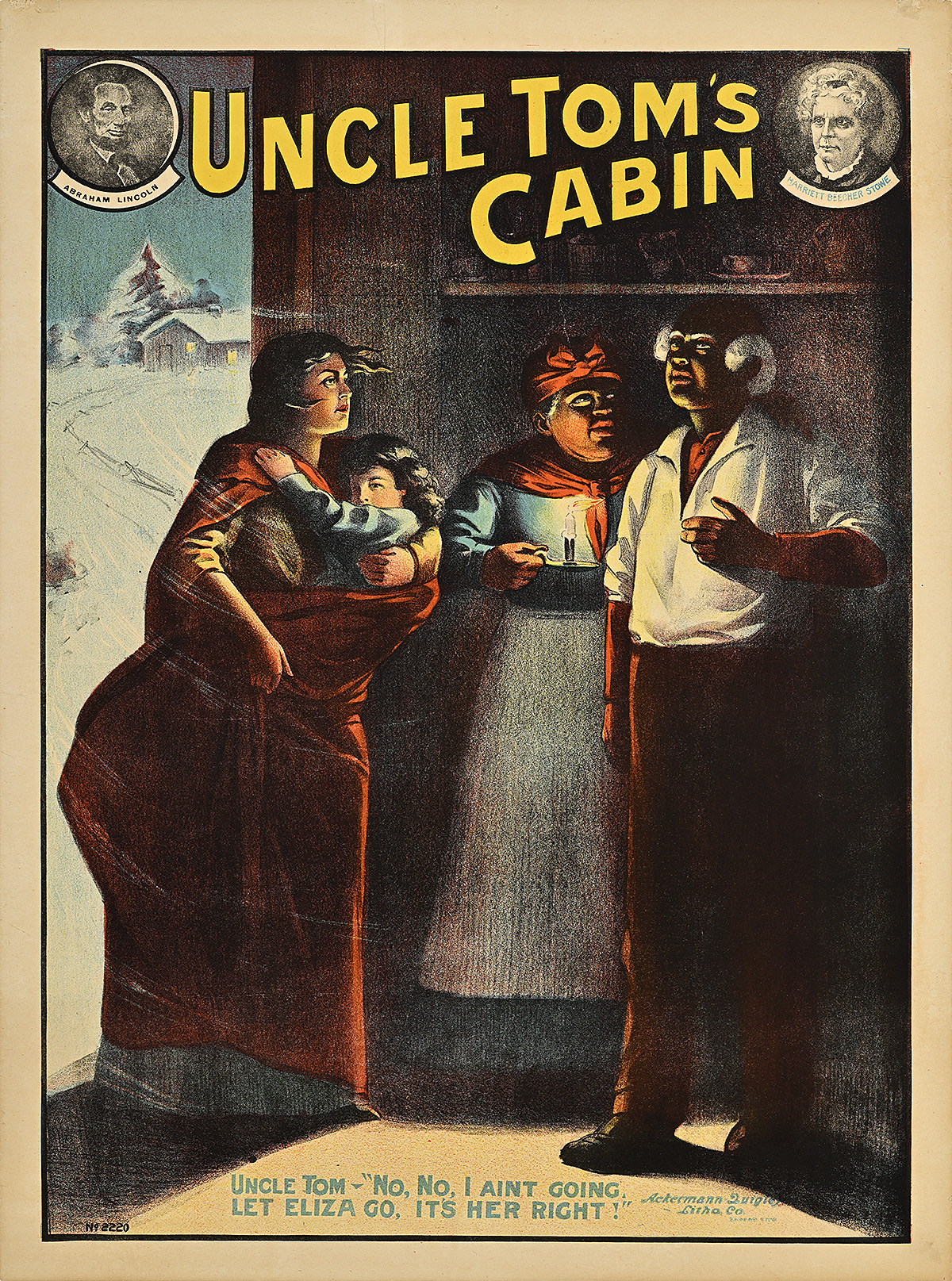 A poster of an older Black man and woman and a young woman holding a white child huddled inside during a snowstorm.