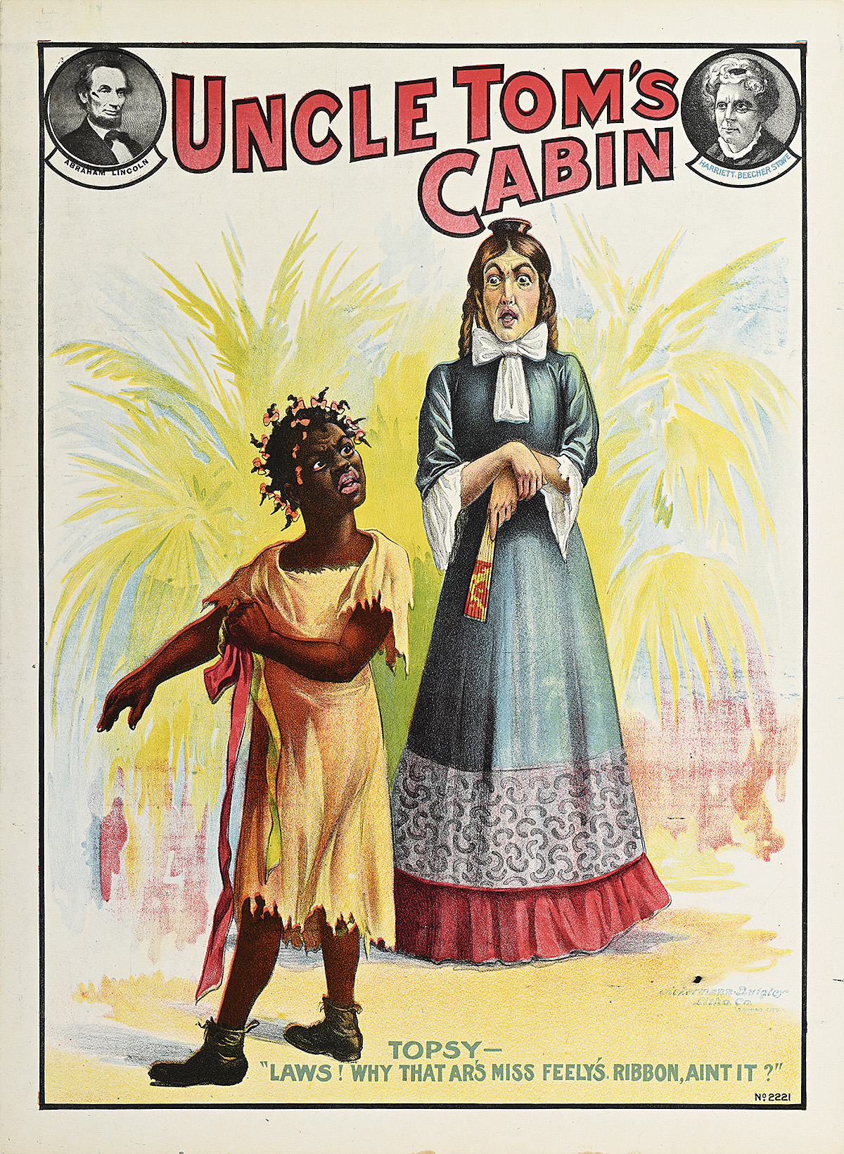 A poster of a small Black girl in ragged clothing holding a red ribbon looking at an angry white woman.