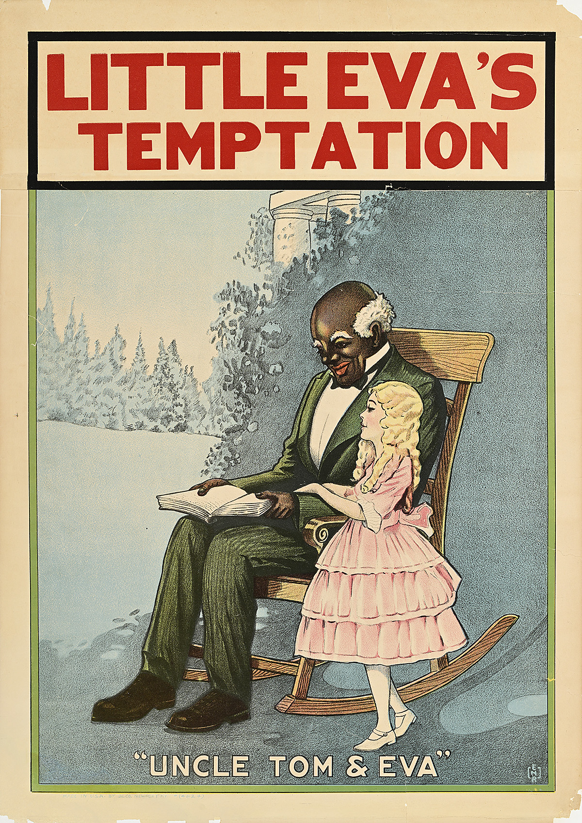 A poster of an older Black man and a small white girl reading a book together.