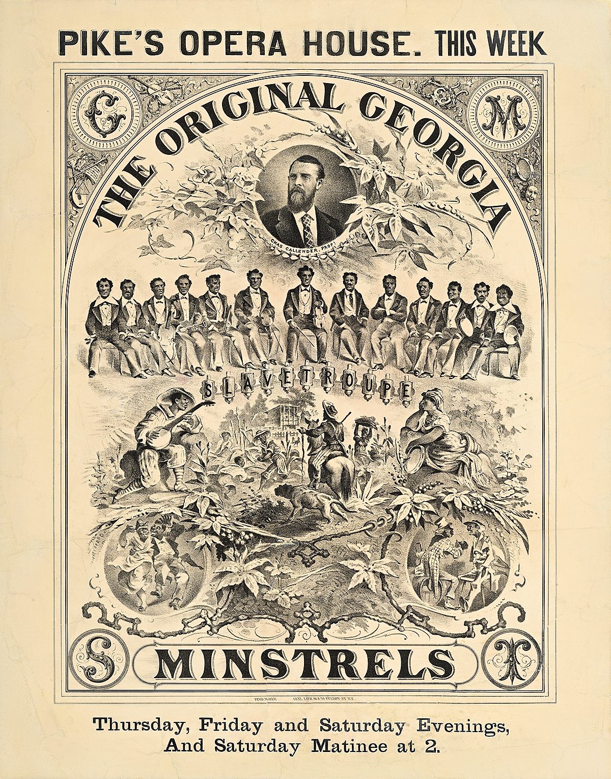 An elaborate poster of men with dark skin sitting in a line above vignettes of people playing instruments and dancing.