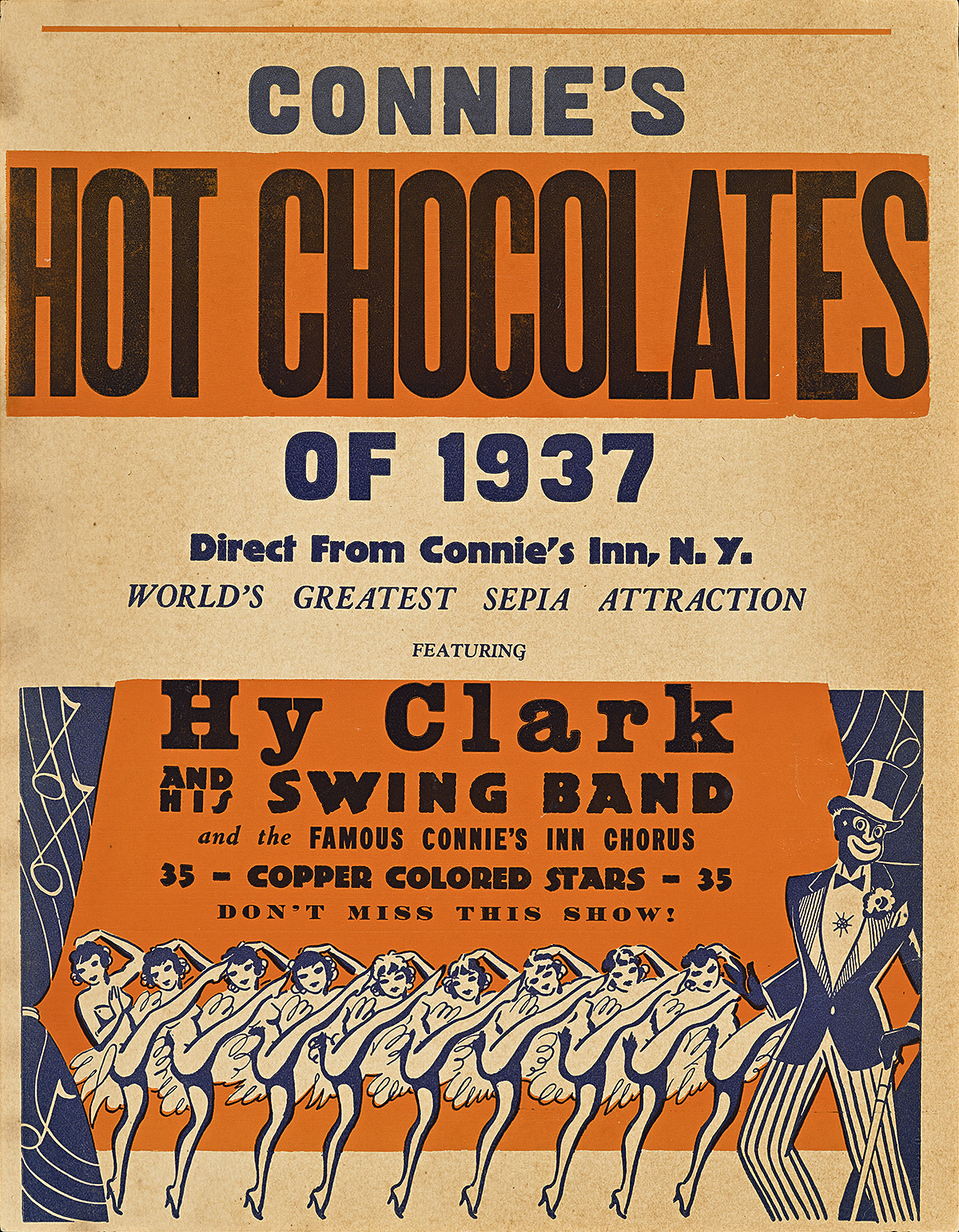 A poster of Black chorus dancers in a kickline on an orange background.