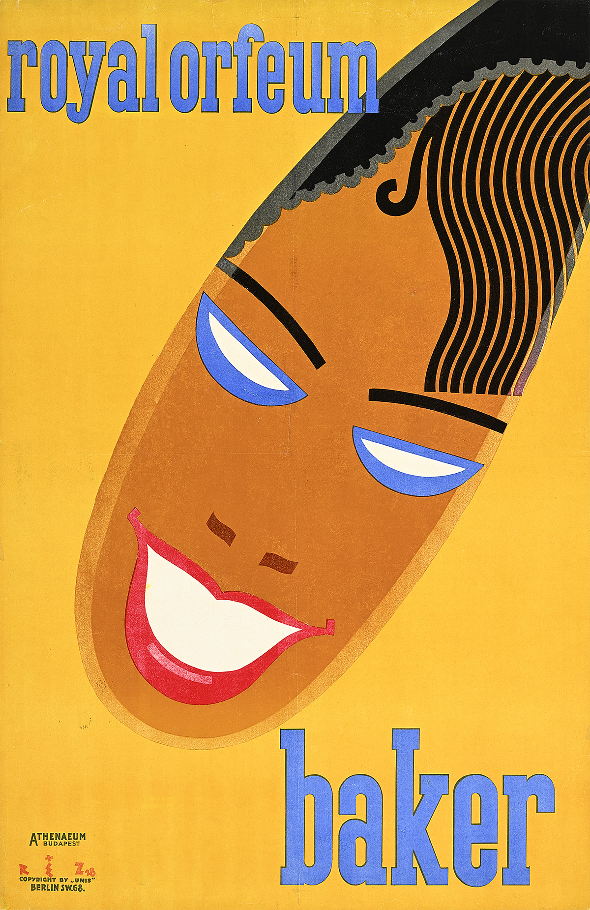 A poster of an illustrated Black woman's face with blue eyes and red lips floating at an angle on a yellow background.
