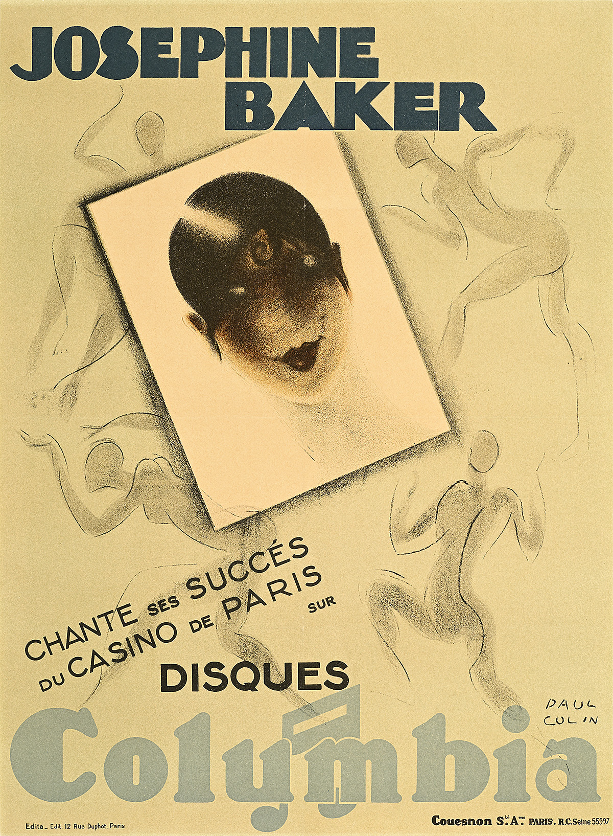 A poster of a painterly woman's face on a white card surrounded by illustrations of dancing figures.