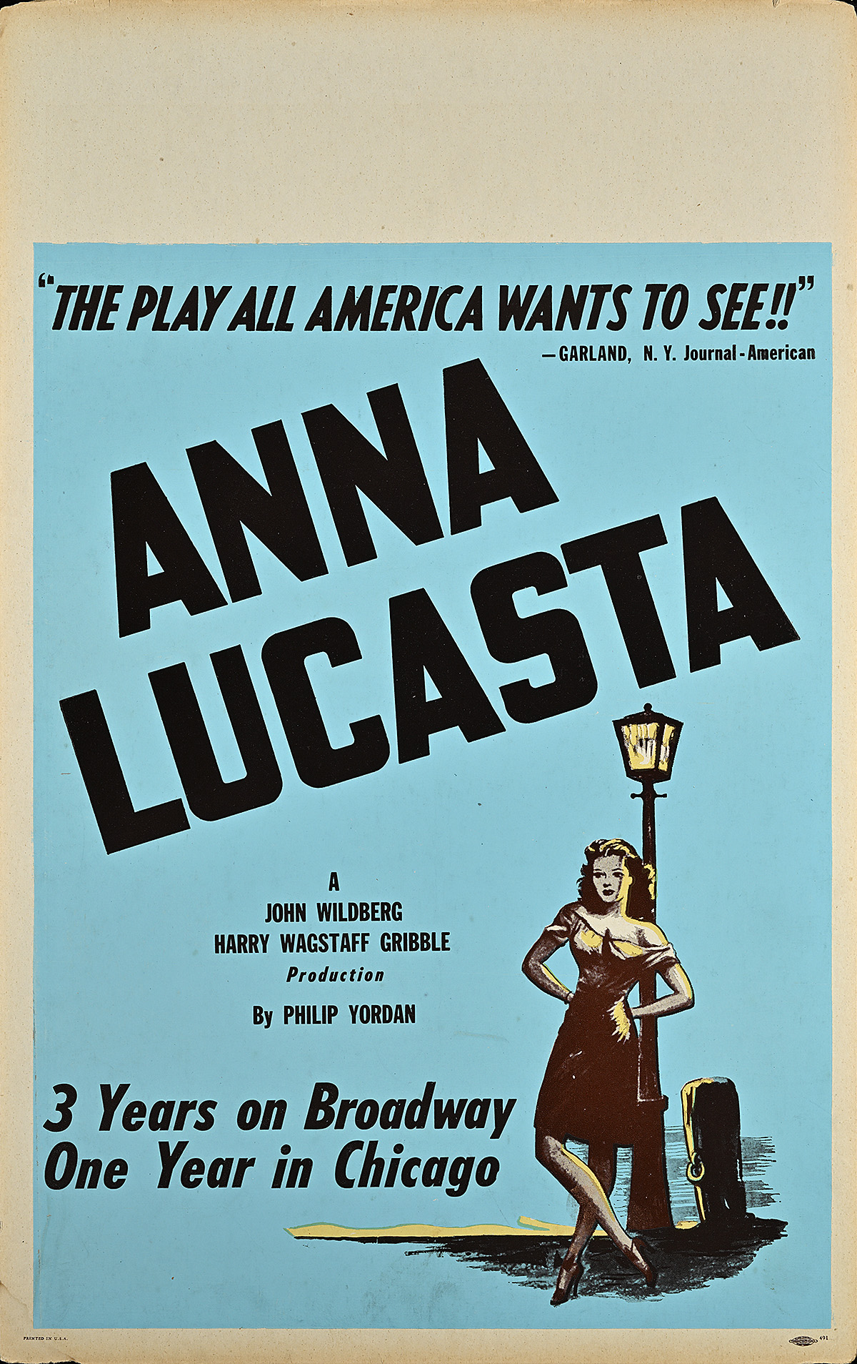 A poster with an illustrated woman in a dress leaning against a lamp post with bold black text on a blue background.