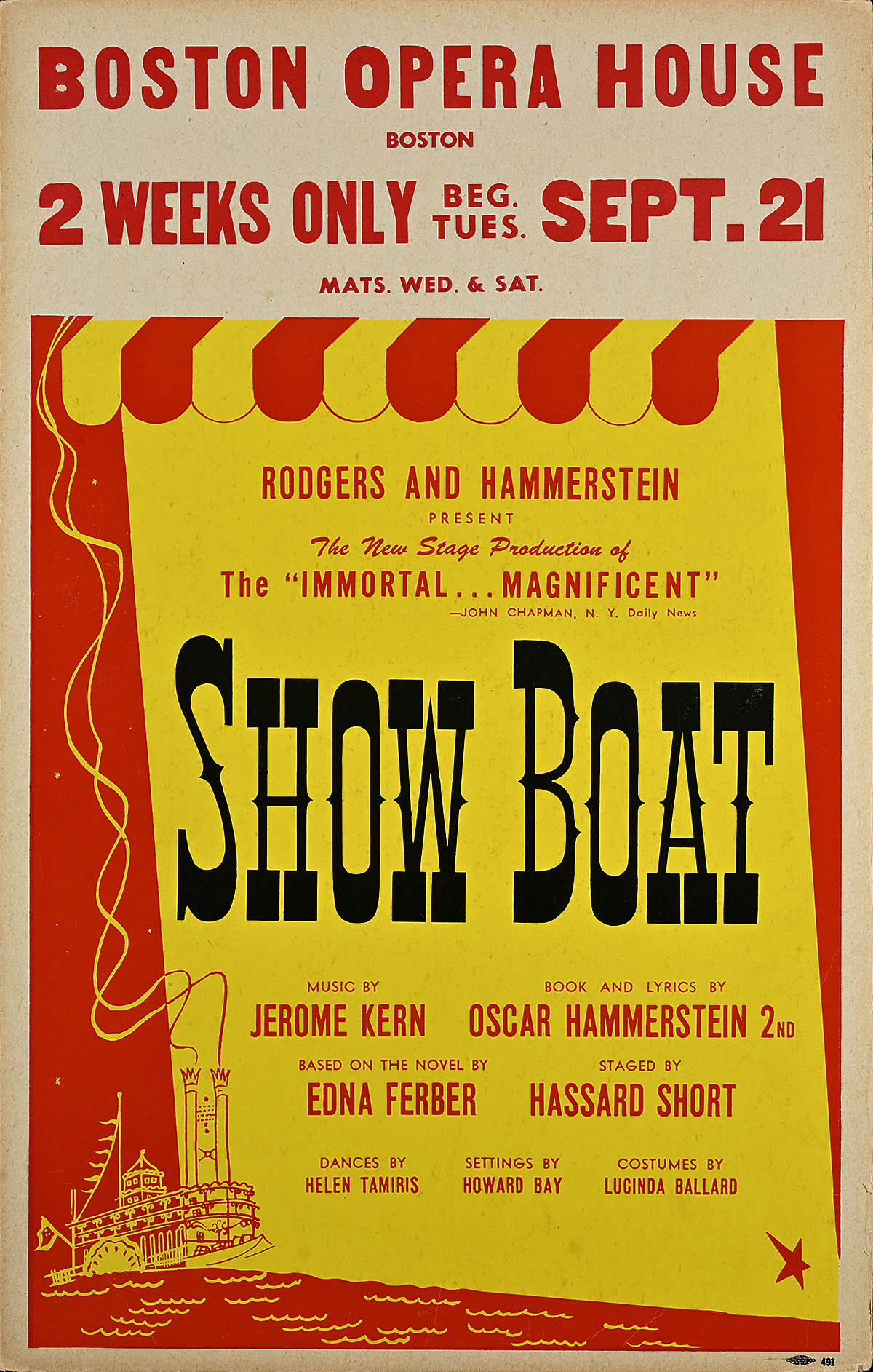 A poster with a yellow rectangle with black and red text surrounded by a red frame and a drawing of a boat.