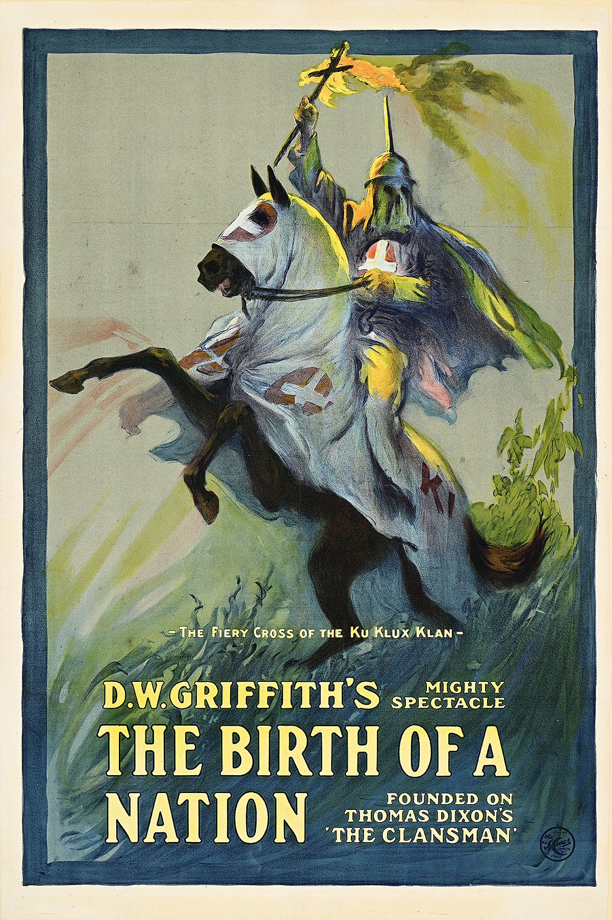 A poster of an illustrated person holding a cross and riding a bucking horse wearing a white sheet.