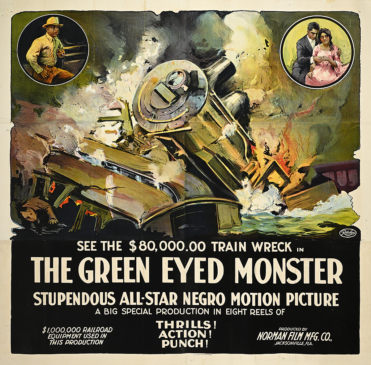A poster of a painterly train crash with vignettes of Black men and women embracing.