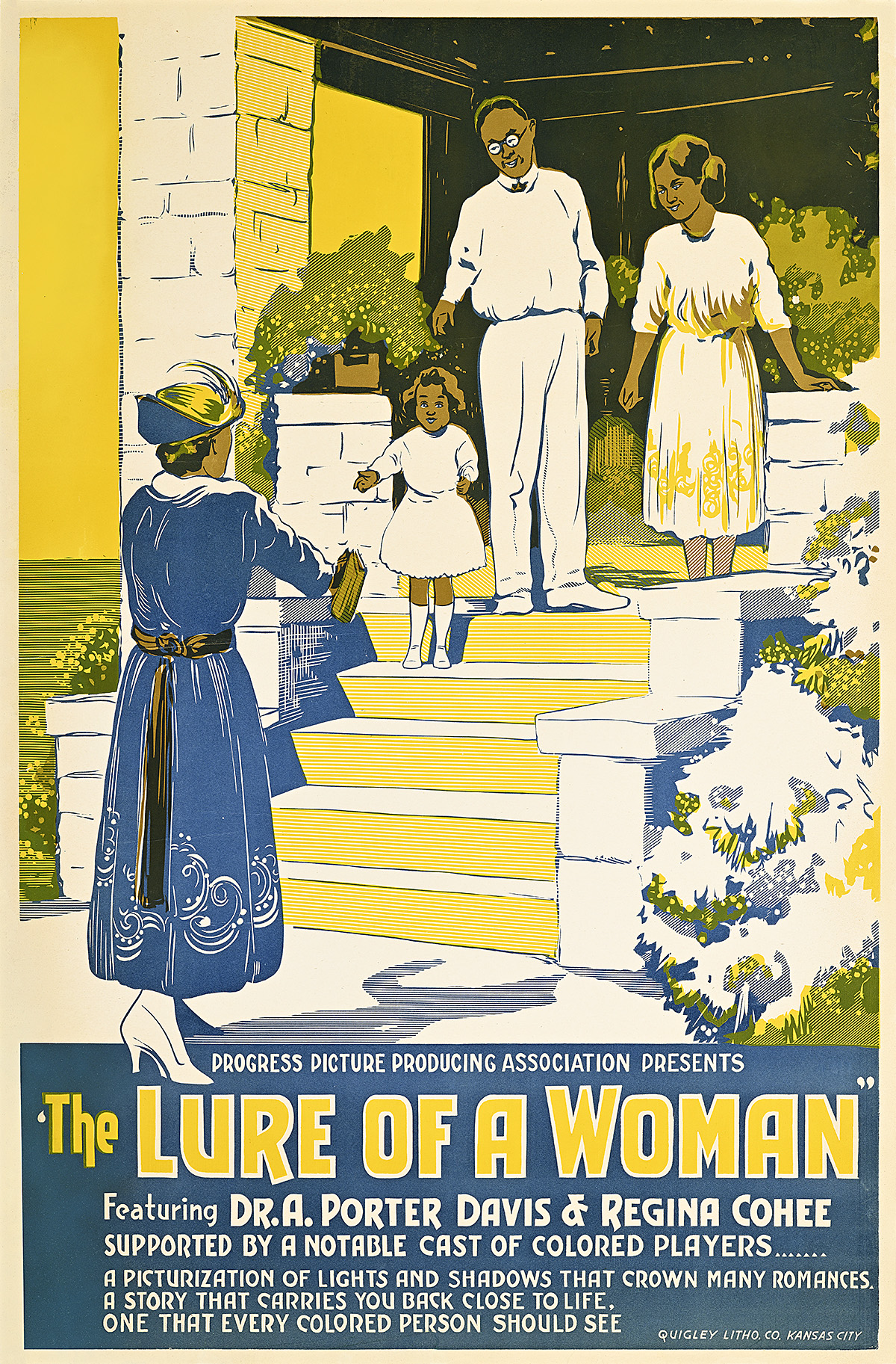 A poster of a Black woman walking up towards a house with a Black family with a child waiting at the top of the steps.