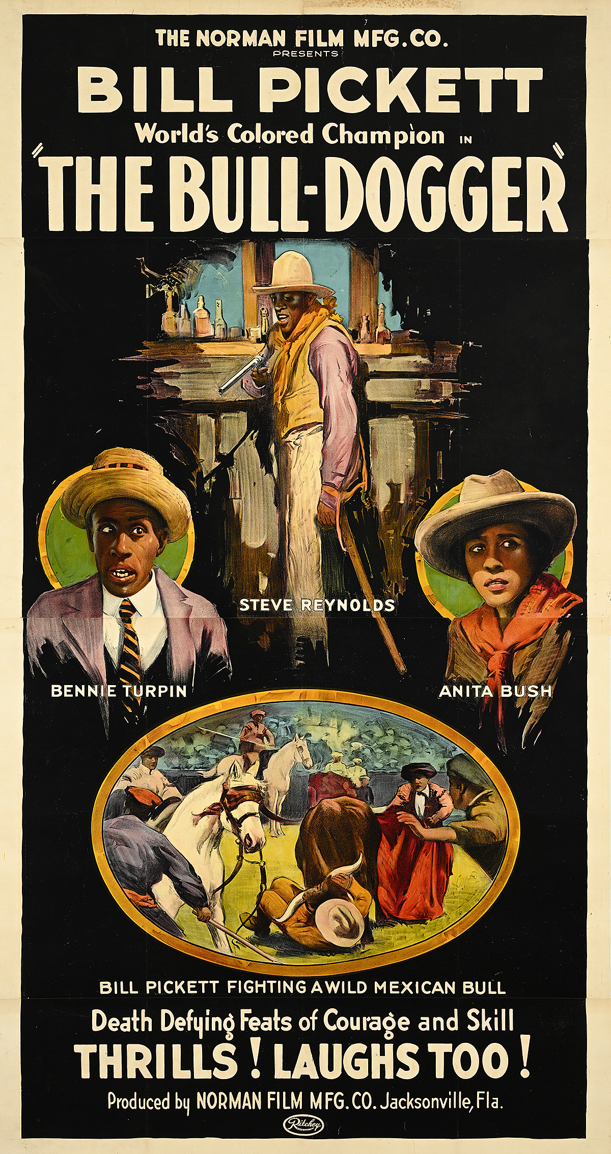 A narrow poster of four vignettes of Black men and women dressed as cowboys with concerned facial expressions.
