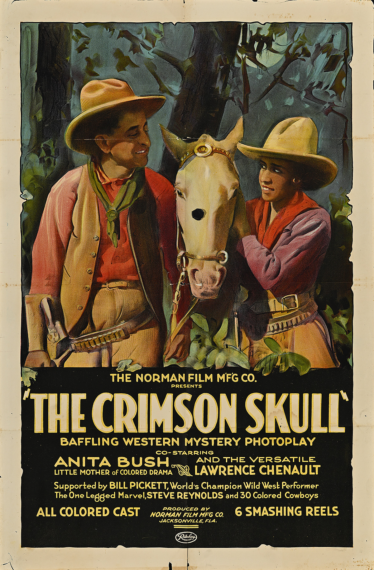 A poster of a Black man and woman looking at each other while standing on either side of a white horse's head.