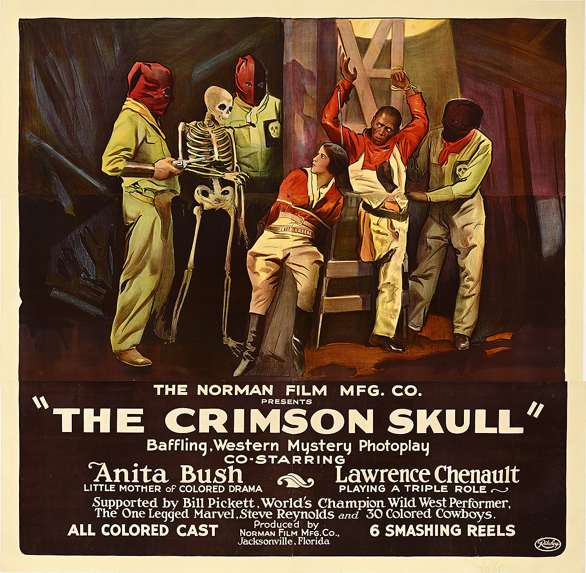A poster of a trio of men with masks on around a tied up woman with a skeleton and a Black man look on.