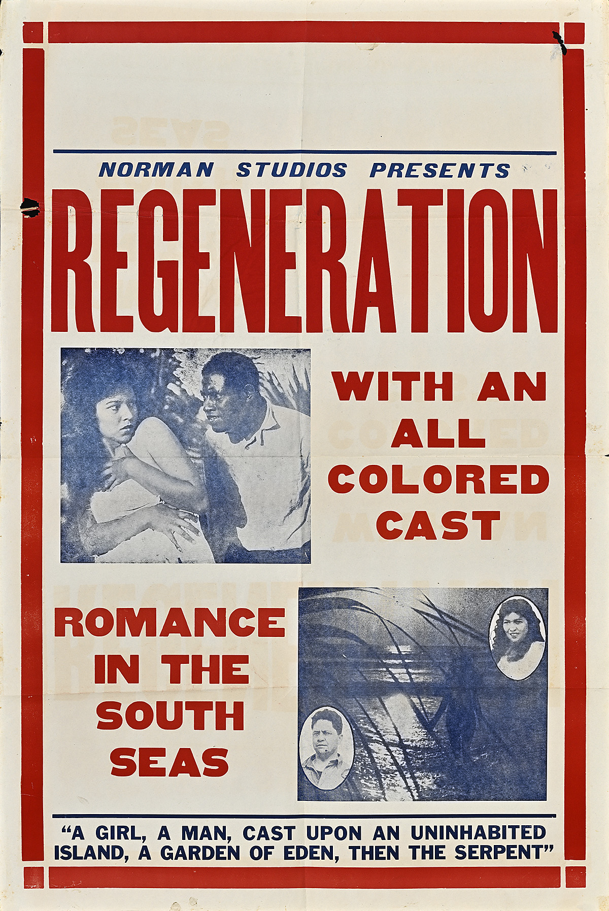 A poster of a Black man leaning towards a nervous looking Black woman printed next to bold red text.