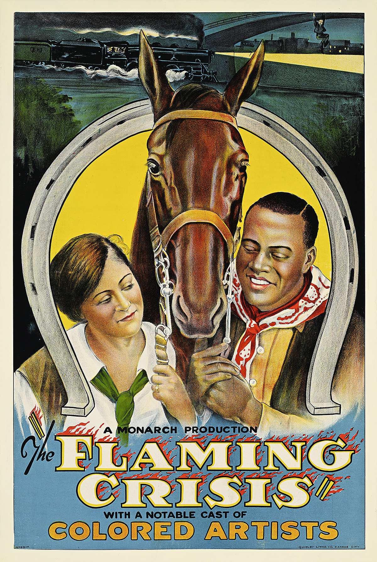 A poster of a smiling Black man and woman holding the reins of a brown horse surrounded by a large horseshoe.