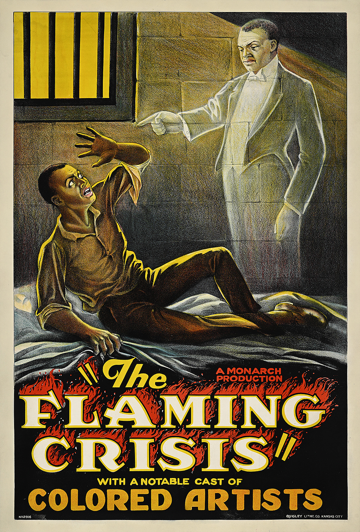 A poster of a ghost visiting a Black man in bed in a jail cell.