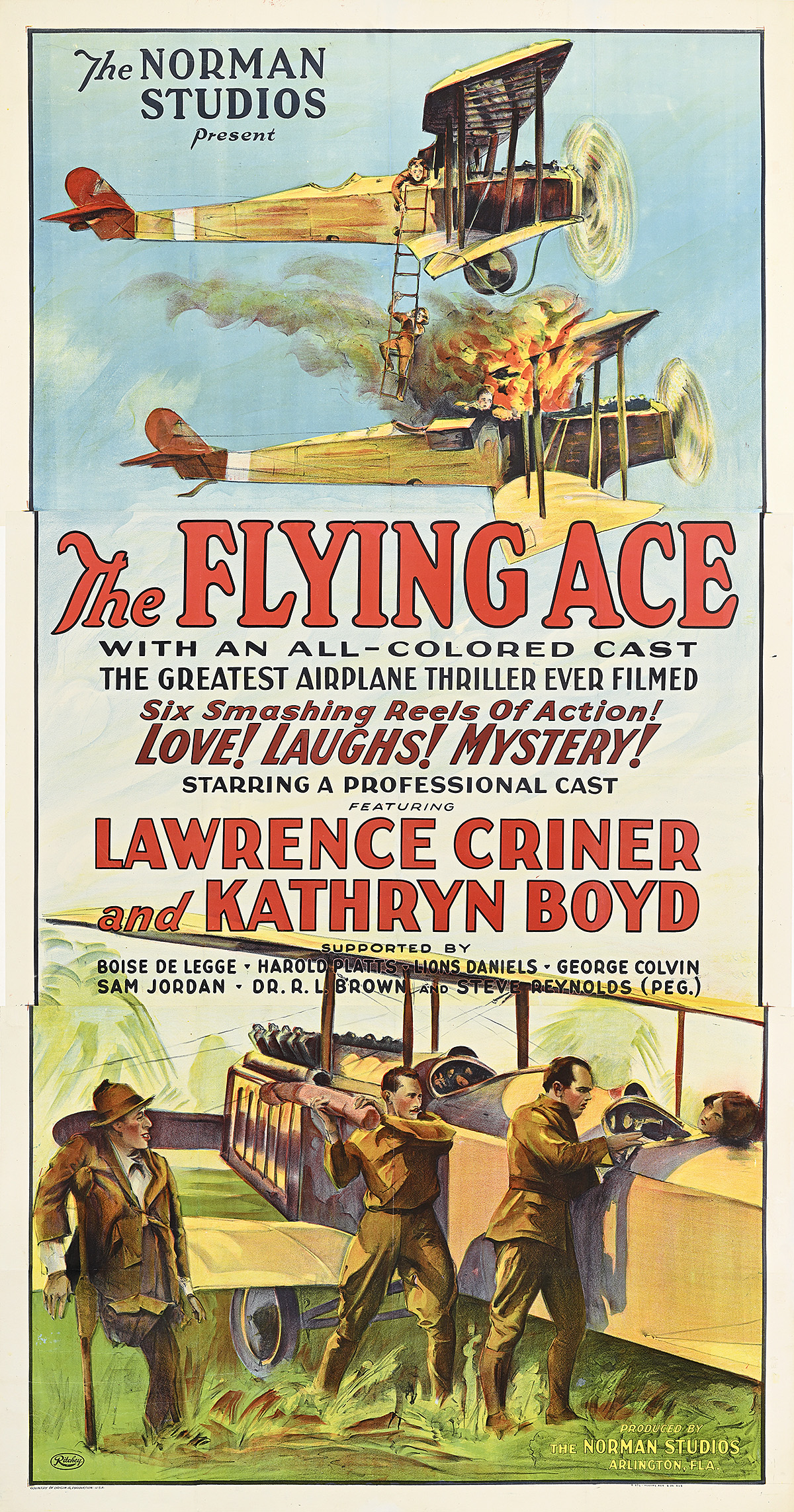 A narrow poster with three men standing next to a woman sitting in a grounded airplane and two damaged airplanes in the sky.