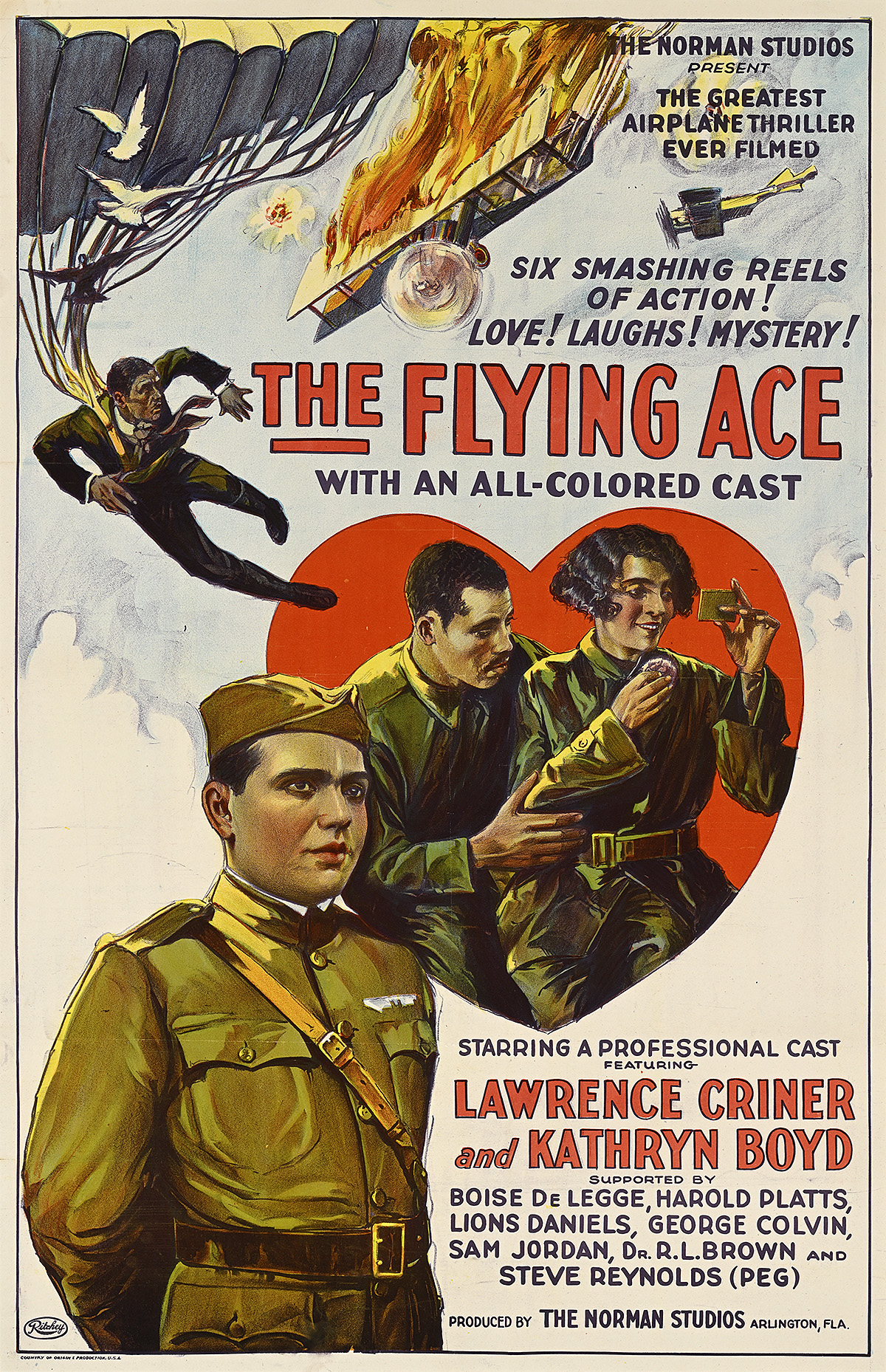 A poster of Black male and female pilots, two inside of a red heart and one with a parachute falling from a burning plane.