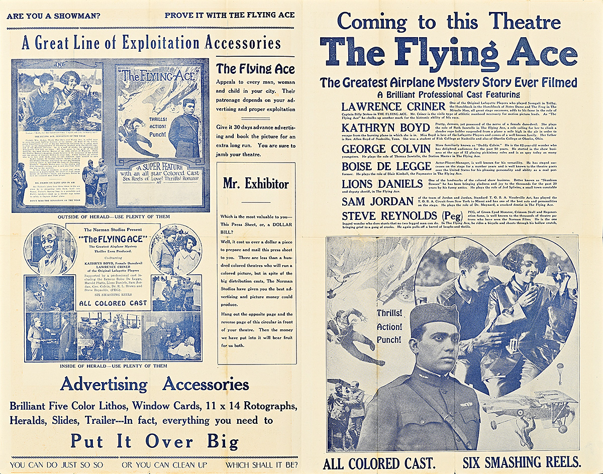 A pamphlet with photographs of a Black pilot next to images of a plane, a Black couple, and parachuters.