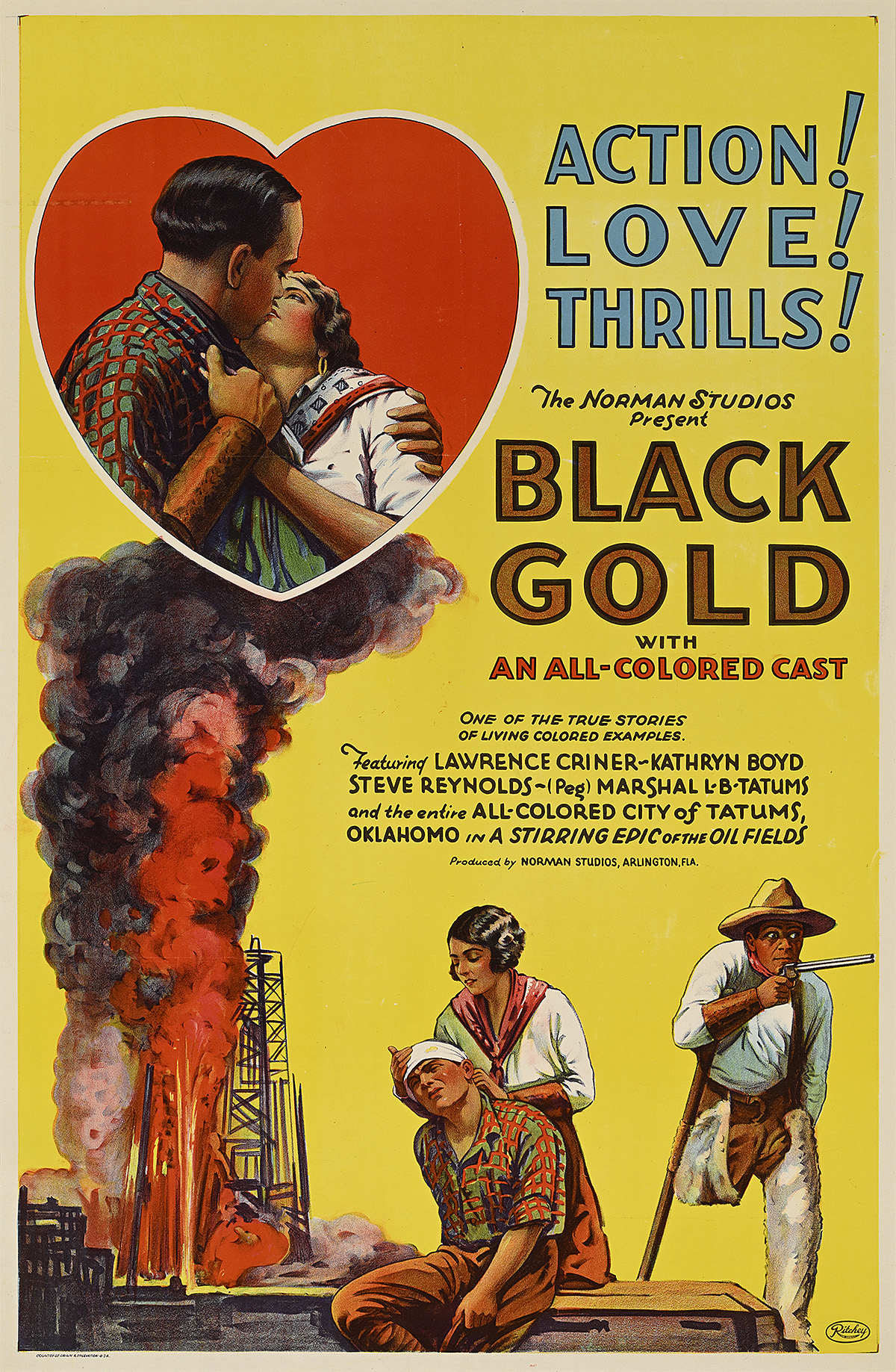 A poster of an oil rig with billowing smoke, a couple kissing inside of a red heart, and a woman helping an injured man.