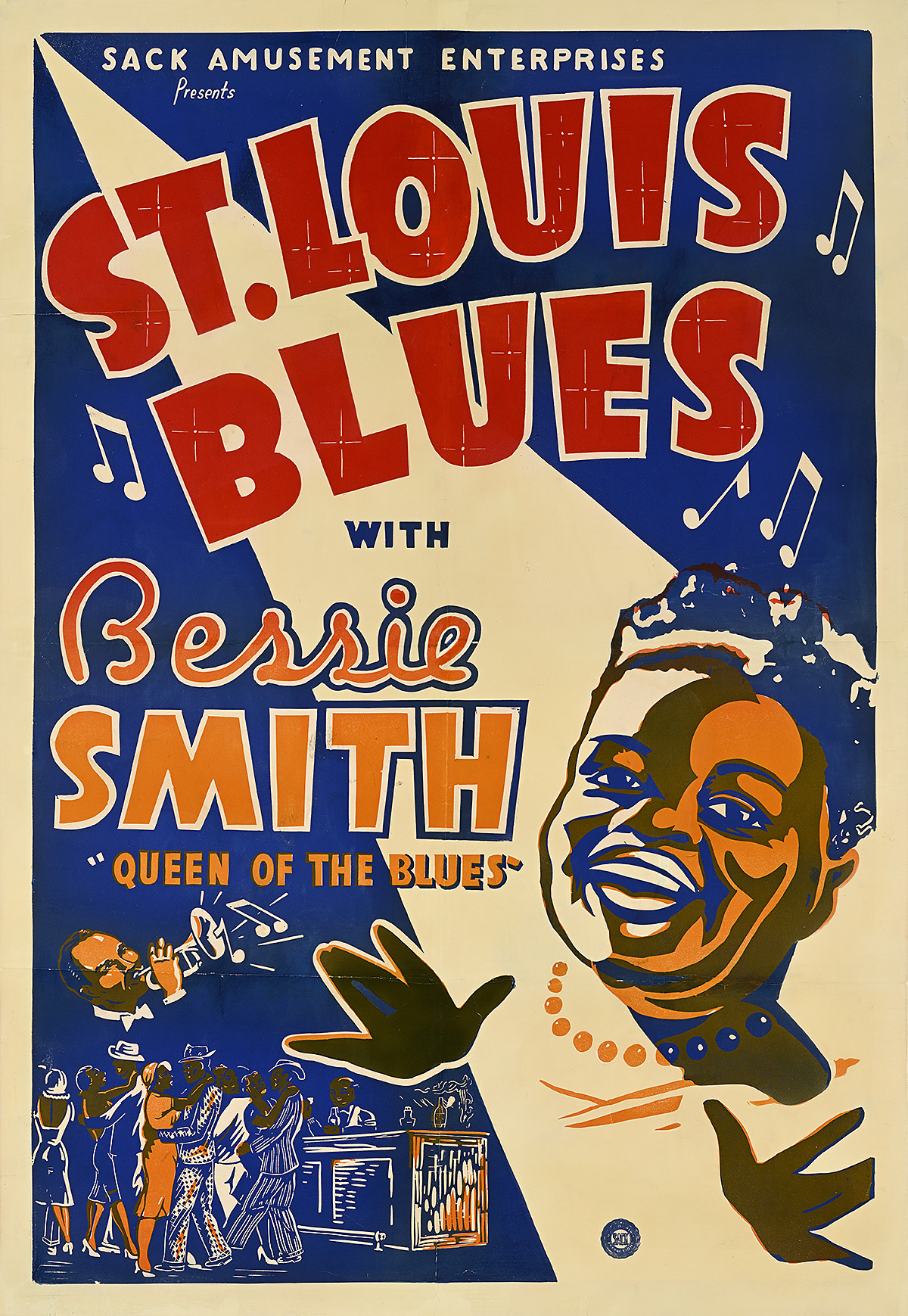 A poster of a smiling Black woman's face under a spotlight with musical notes and people dancing.