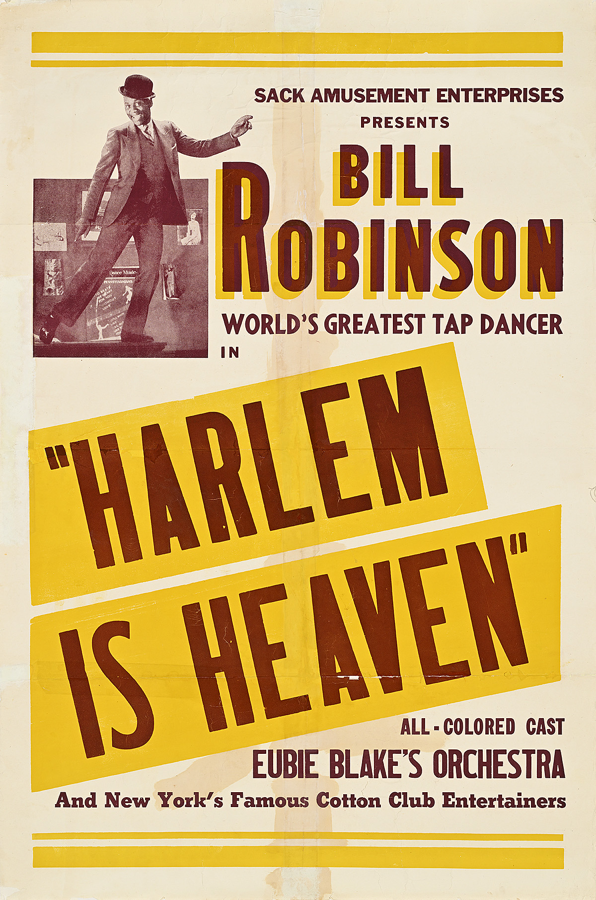 A poster with a small photo of a Black male tapdancer with bold yellow and brown letters.