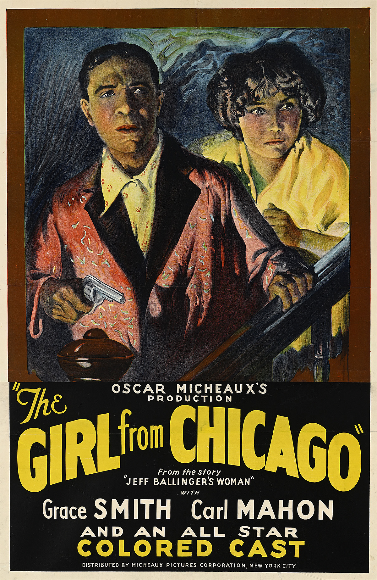 A poster of a Black man and woman in sleeping robes with fearful expressions behind a railing and holding a gun.