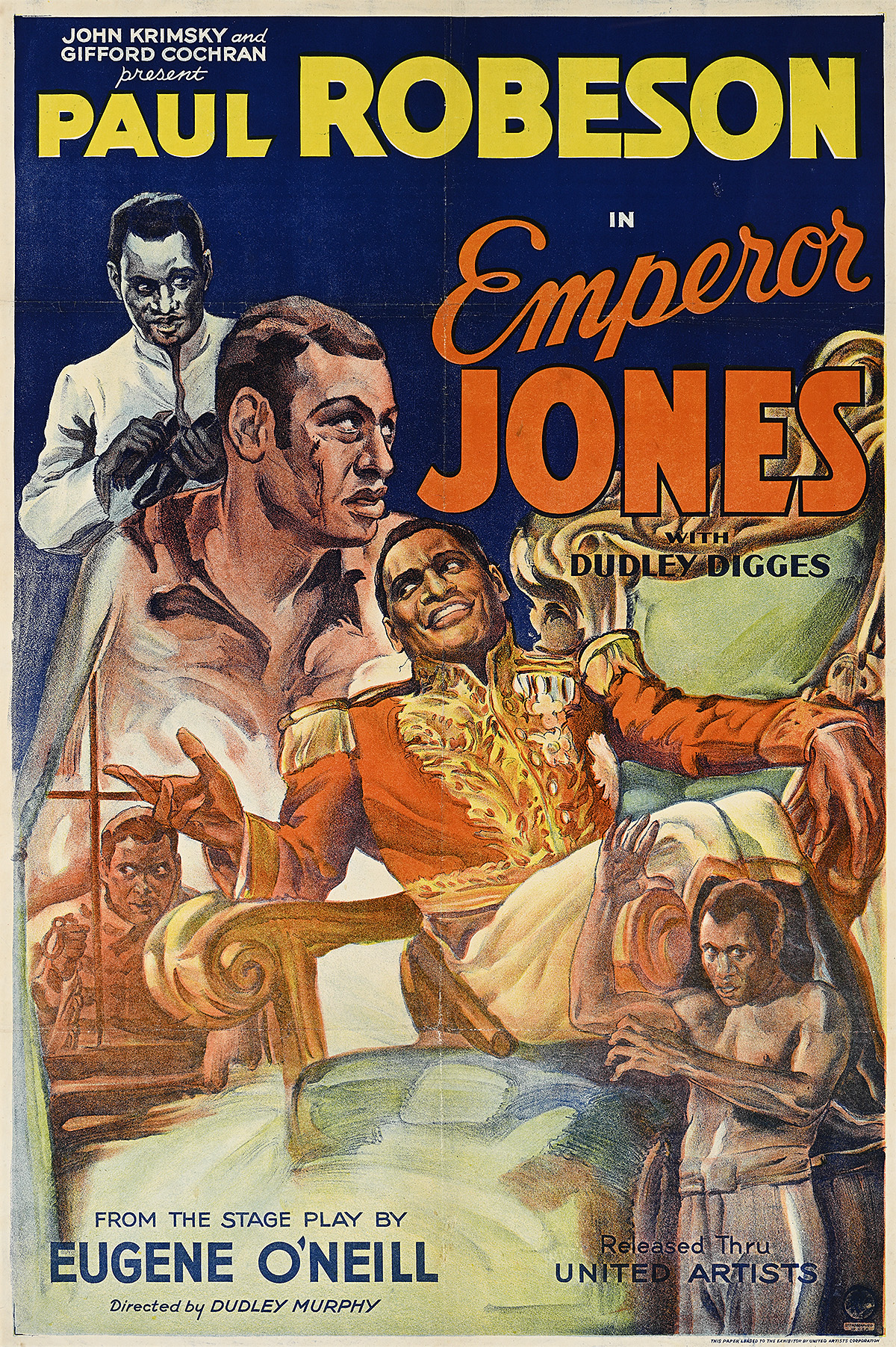 A poster of a Black man in royal clothing sitting on a chair surrounded by other male characters.