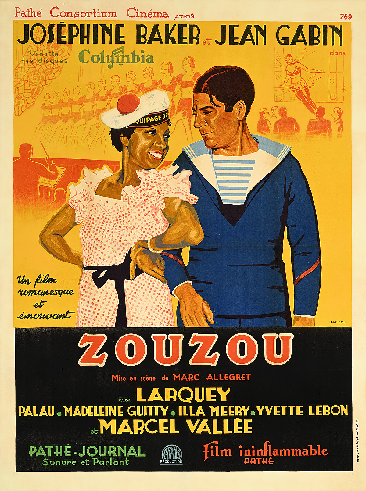A poster of an illustrated sailor and a Black woman looking at each other and smiling.