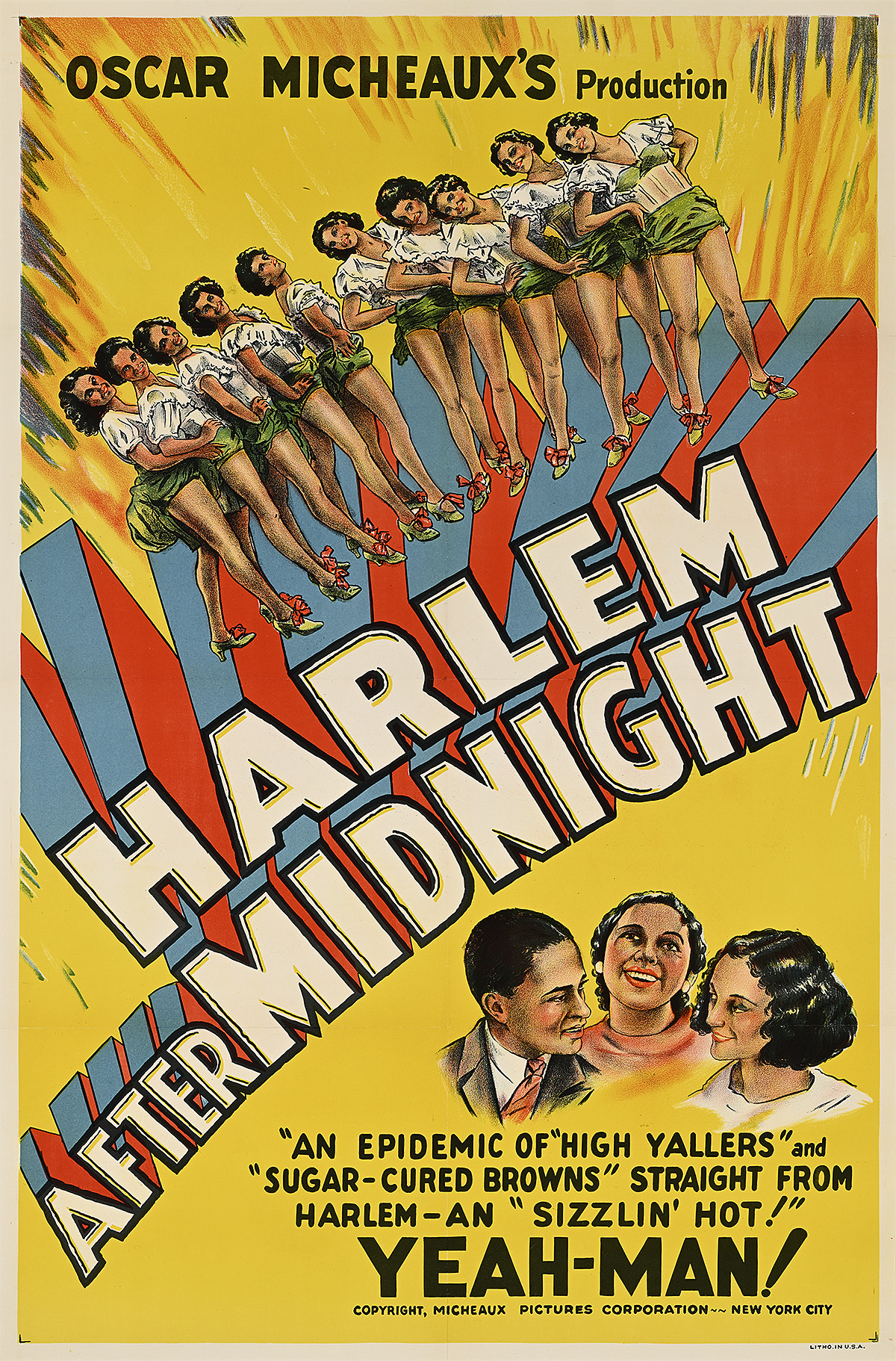 A poster of female dancers standing in a line above large text and a group of people talking.