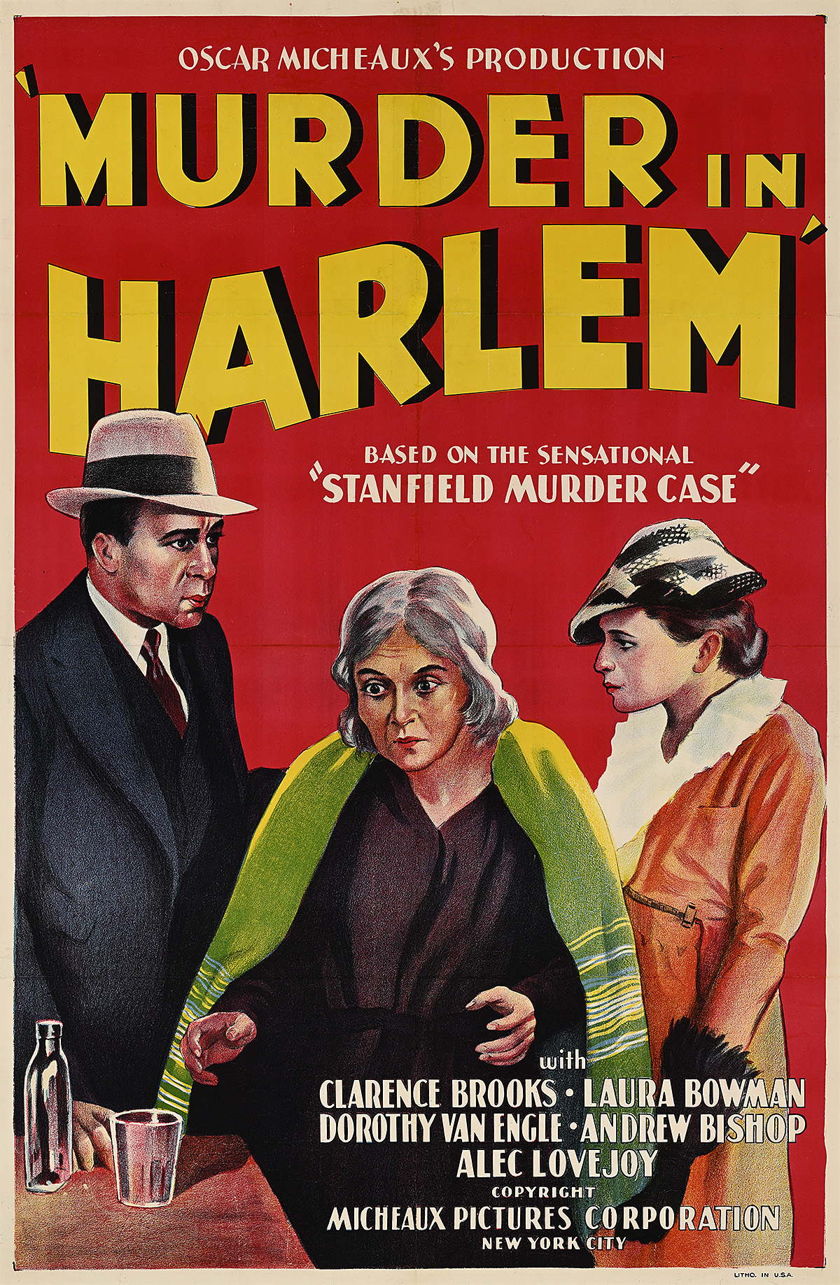 A poster of a woman with a stunned look on her face in front of a man and woman looking at each other seriously.