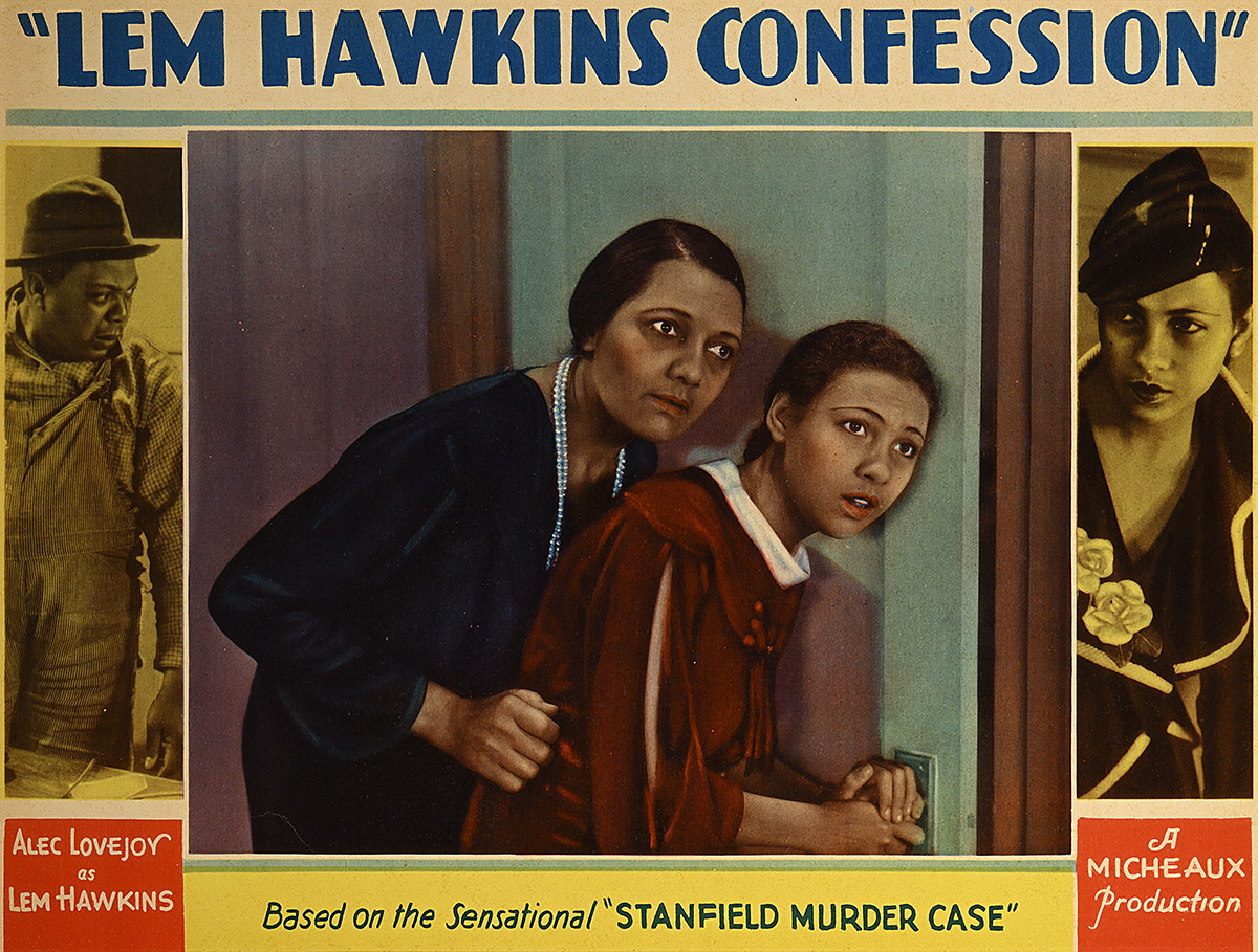 A poster of a Black woman and child crouched down with their heads leaning against a door.