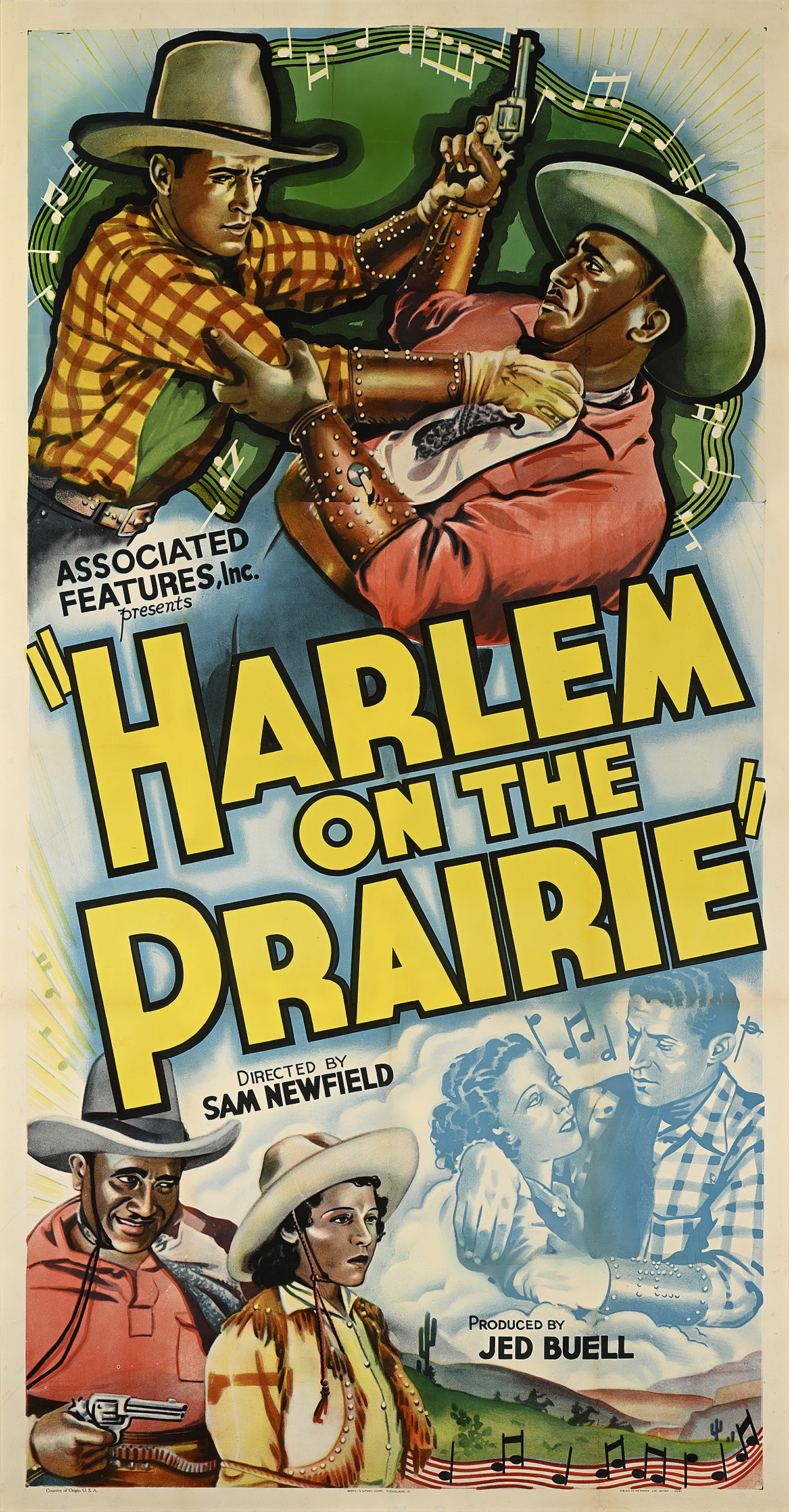 A poster of illustrated vignettes of male and female cowboys surrounded by musical notes.