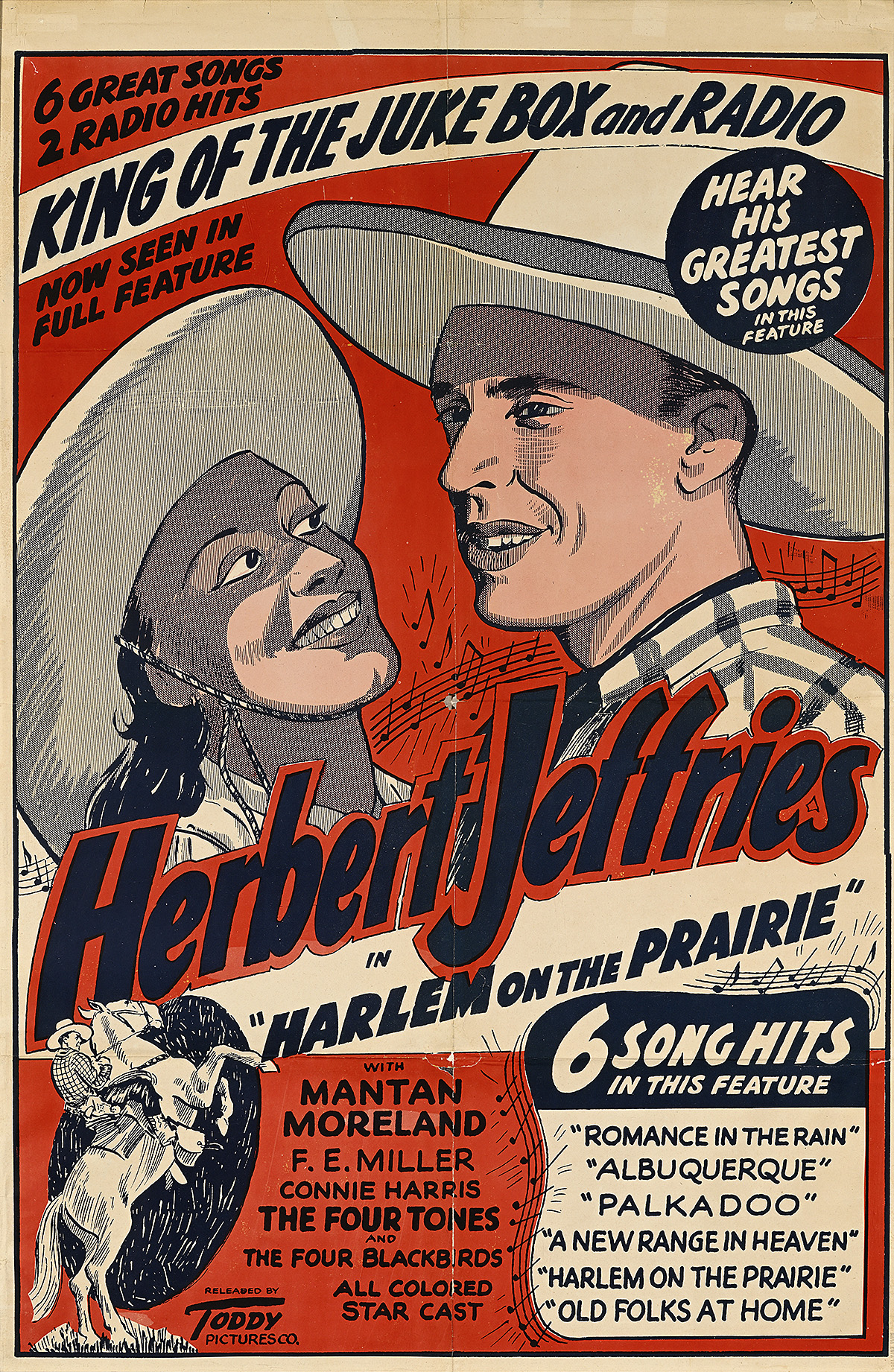 A poster of an illustrated man and woman's face both smiling and wearing cowboy hats.