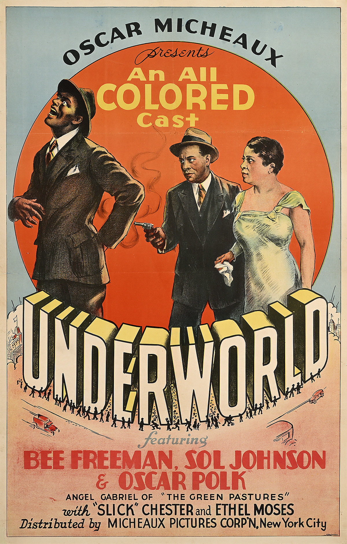 A poster of a man and woman in formal dress pointing a gun at the back of a Black man in a suit.