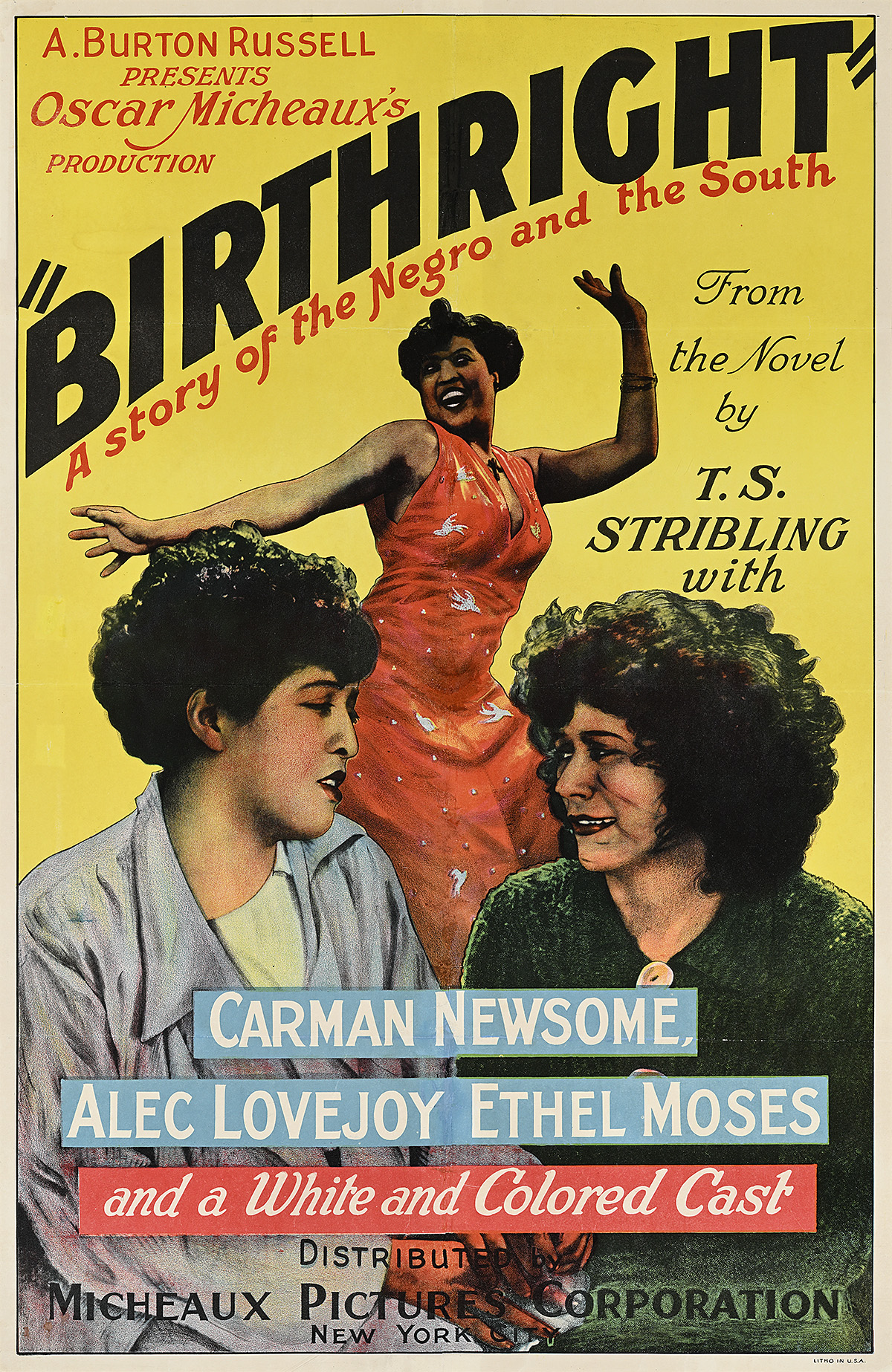 A poster of a dancing Black woman in a red dress behind two Black woman talking facing each other.