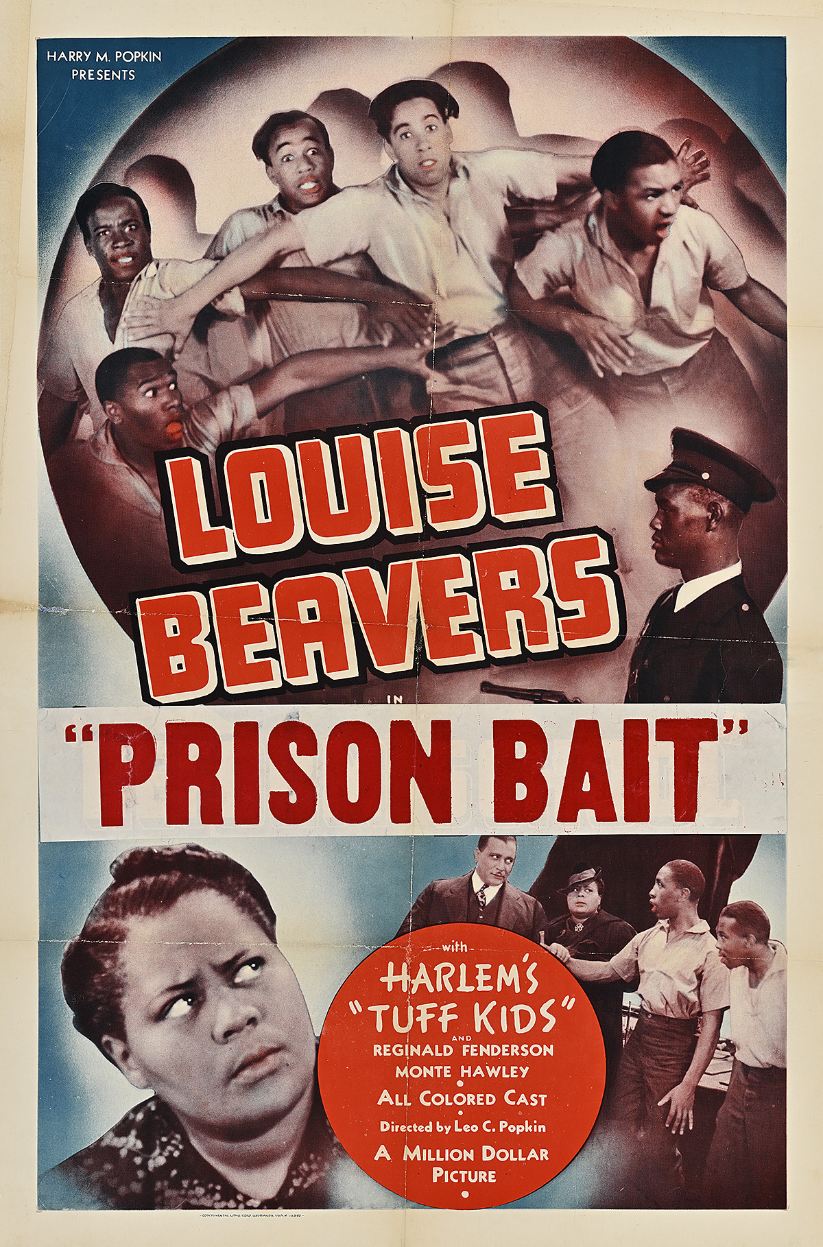 A poster with photographs of a group of young Black men, a Black officer holding a gun and a judgmental woman's face.