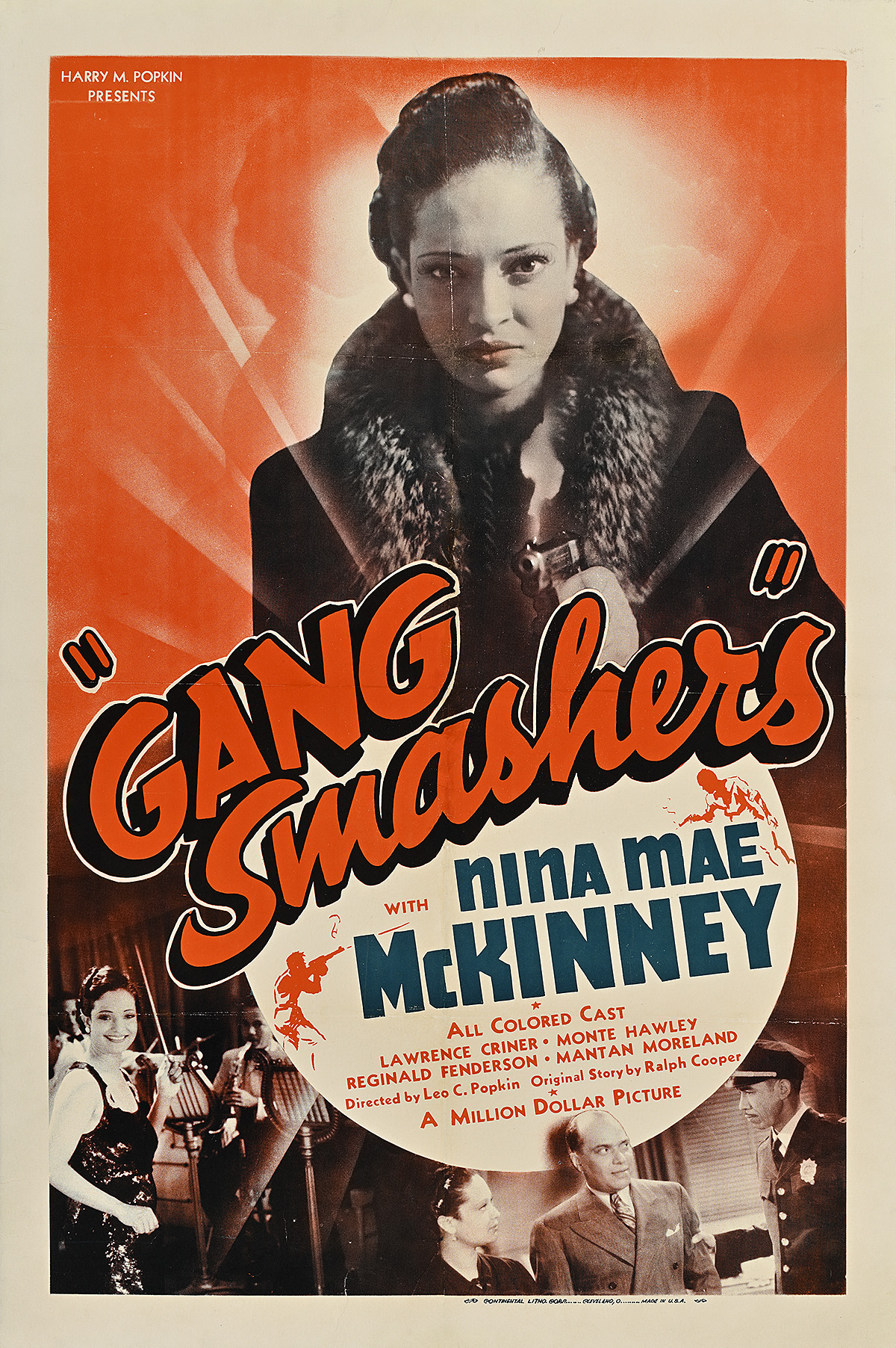 A poster of a Black woman in a fur coat looking directly at the camera on an orange background.