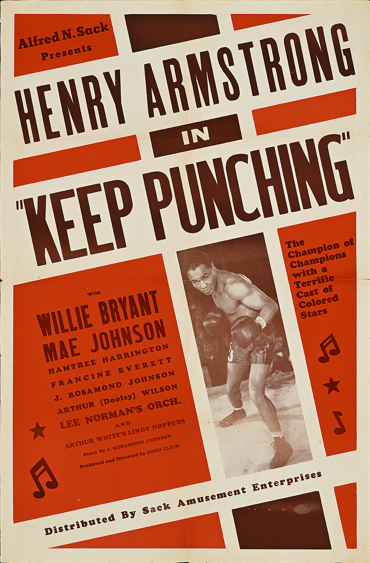 A poster with a photograph of a Black boxer in a fighting stance surrounded by musical notes and bold brown text.