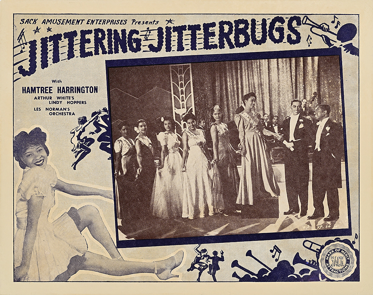 A lobby card of a Black woman in a white dress posing next to a photograph of Black men and women standing in a line.